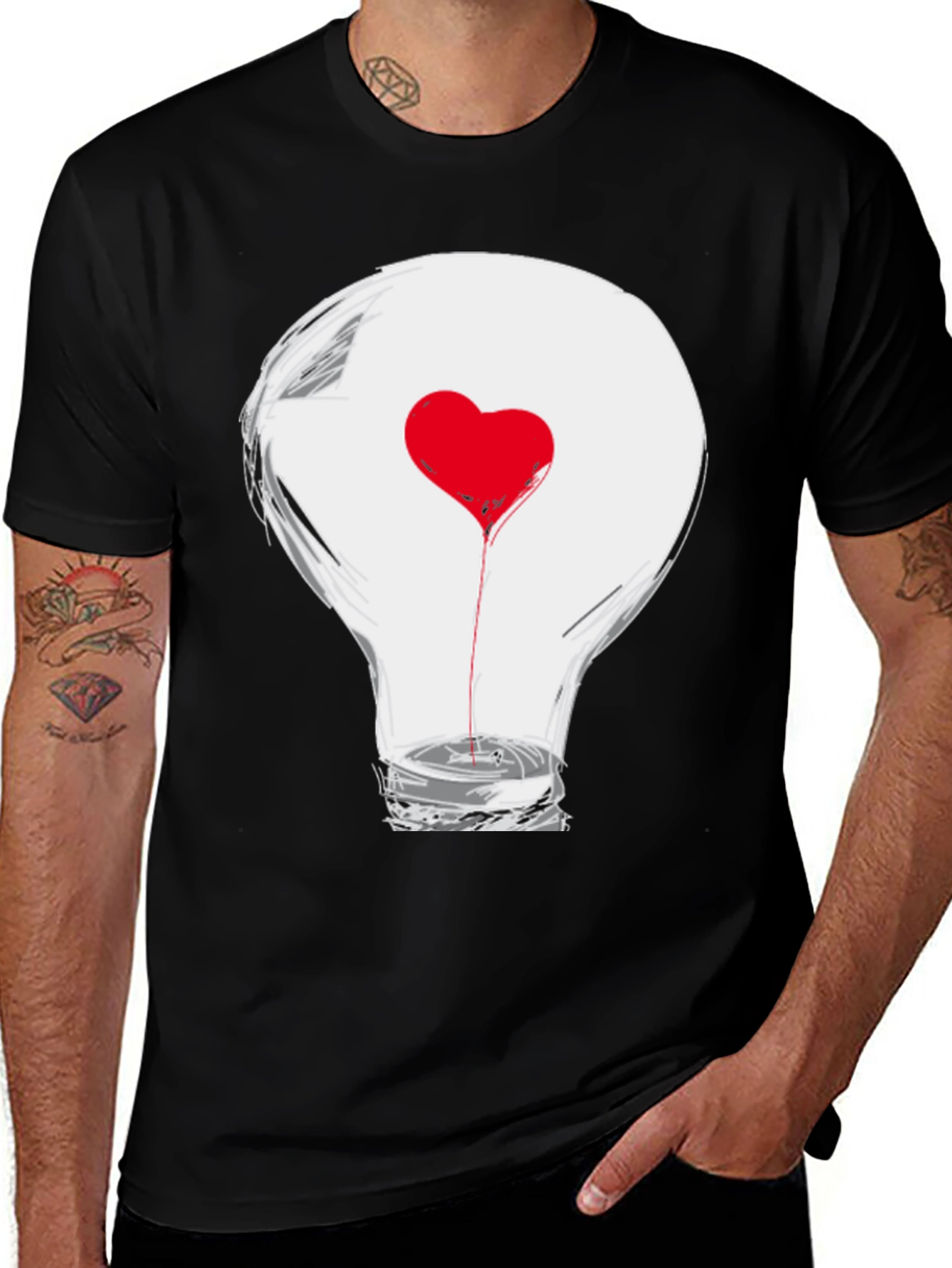 Variant 23 of Heart Lightbulb Graphic Tee - Expressive Black T-Shirt