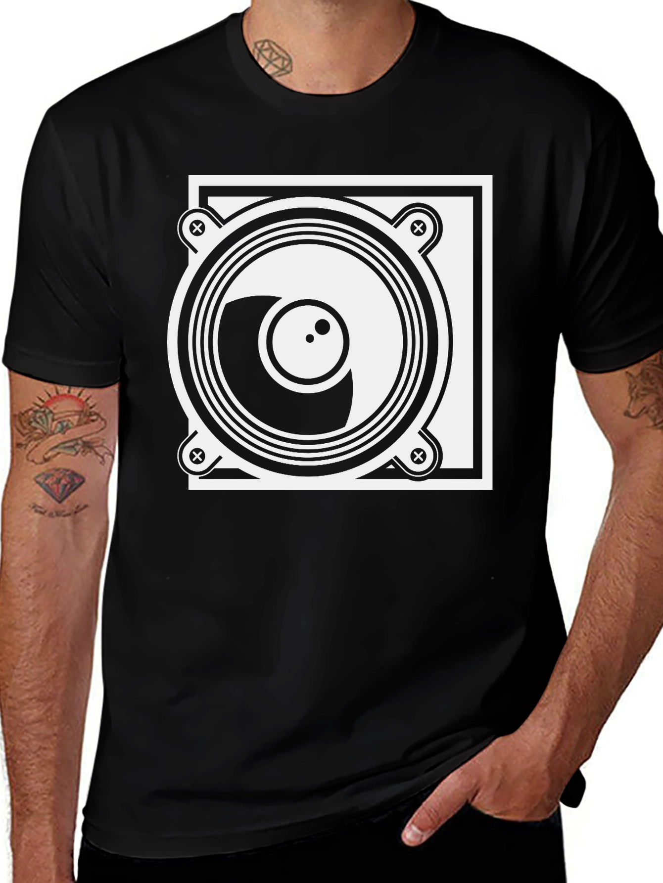 Speaker Graphic Tee - Black Crew Neck Cotton Shirt