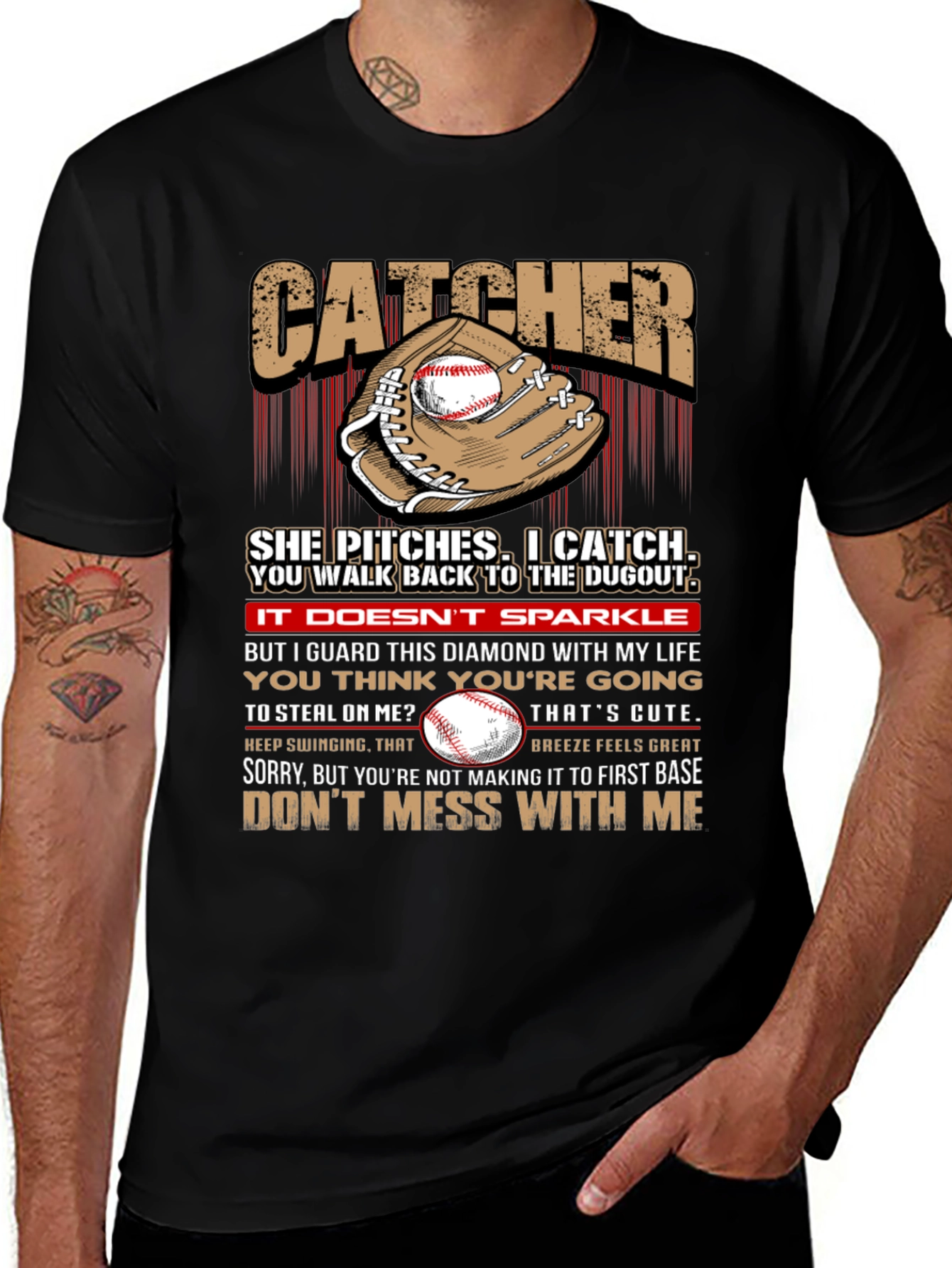 Variant 21 of Catcher Baseball T-Shirt: She Pitches, I Catch