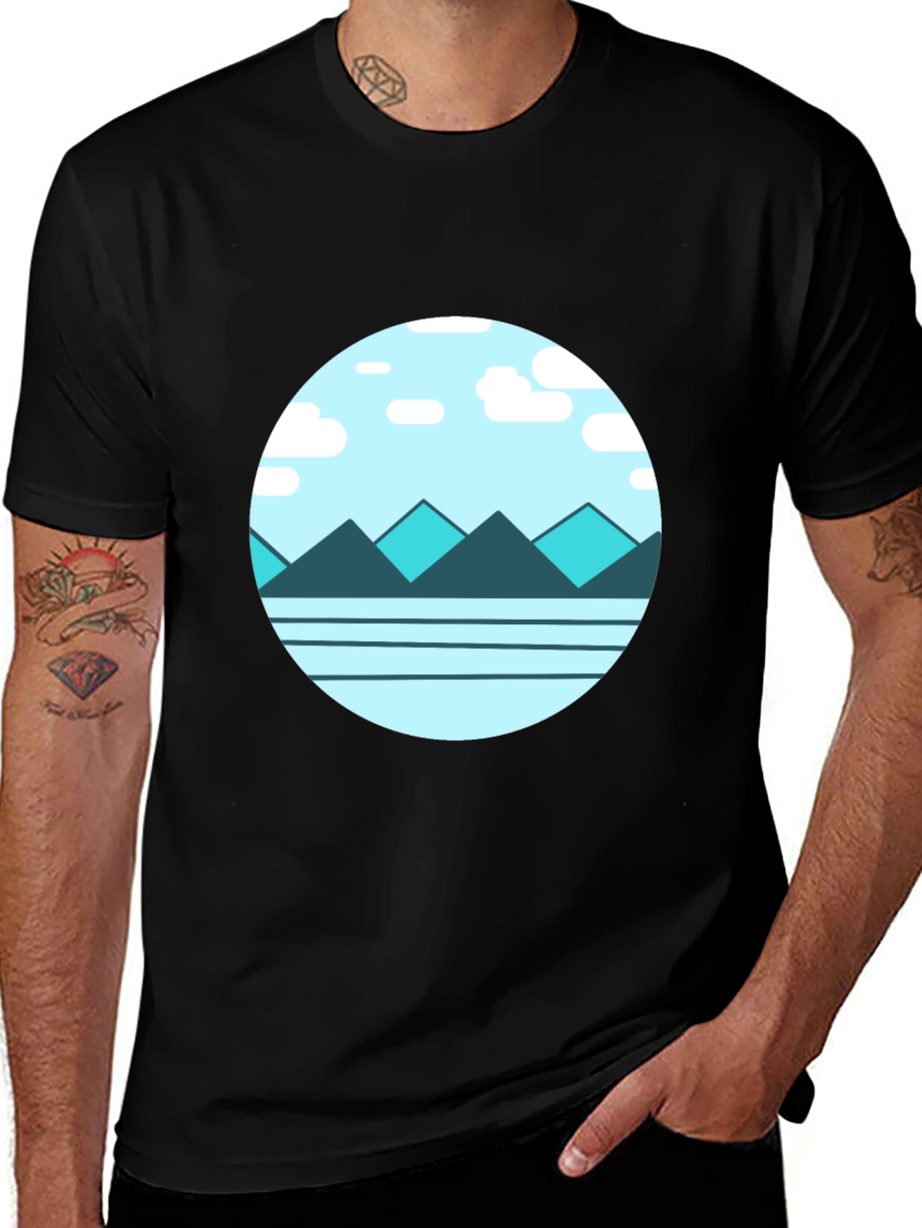 Variant 20 of Mountain Graphic Tee - Modern Round Print Black Shirt