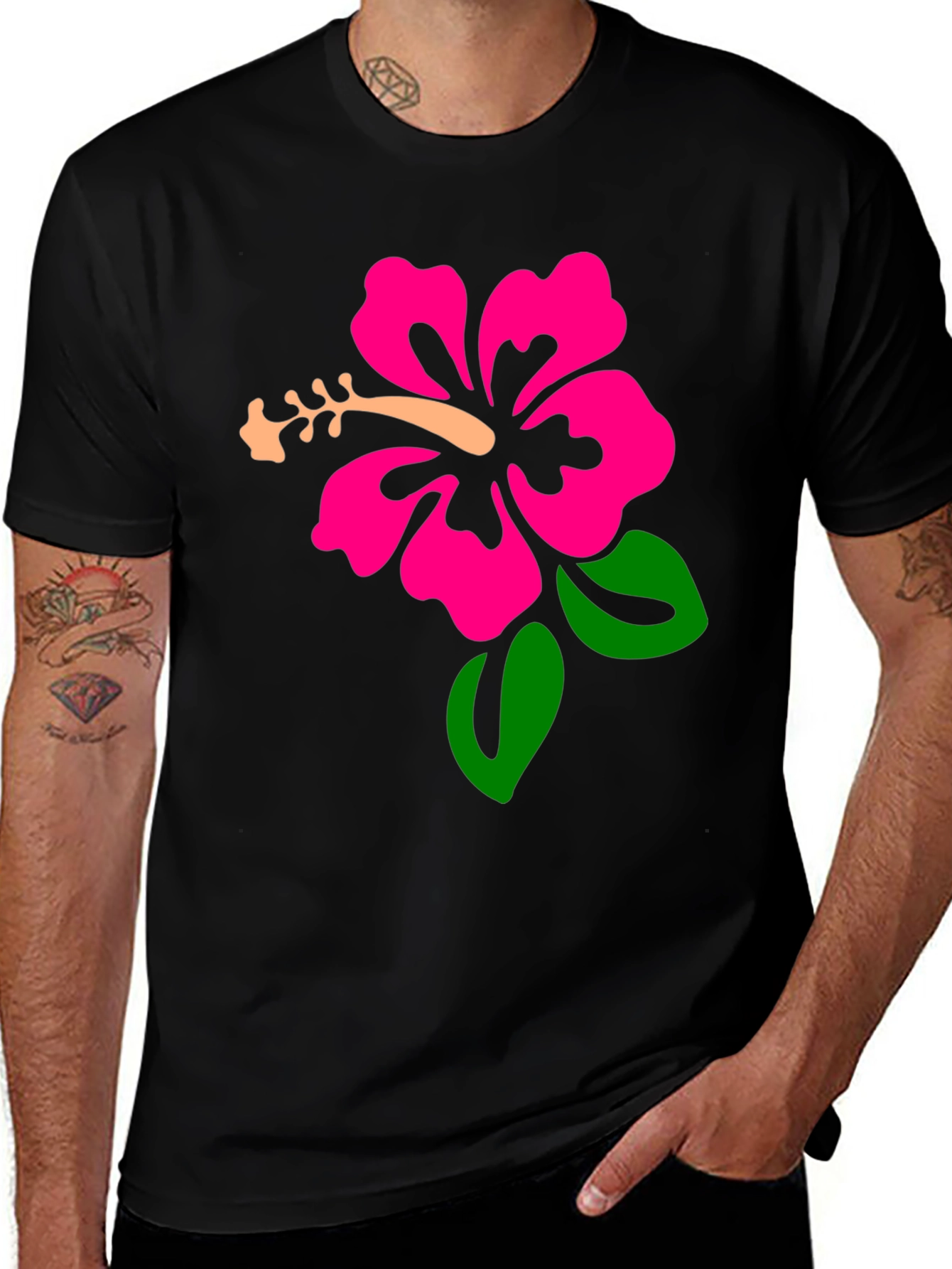 Variant 10 of Hibiscus Flower Graphic Tee - Black Cotton Casual T-Shirt