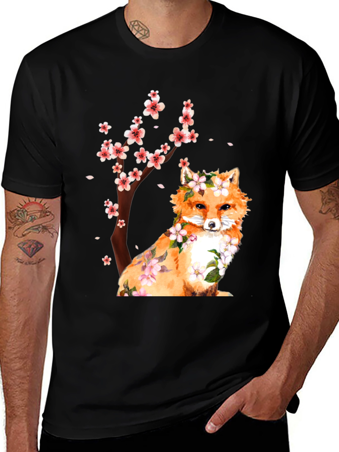 Variant 19 of Fox and Cherry Blossom Print T-Shirt