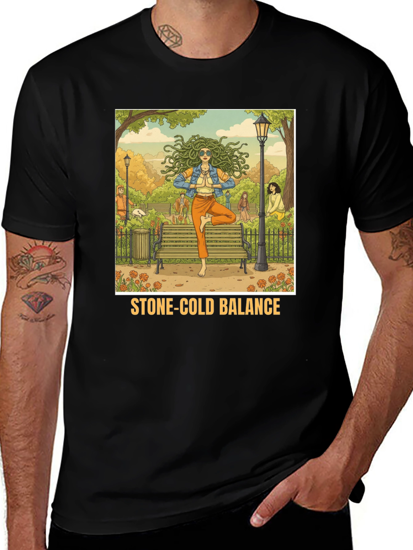 Variant 18 of Stone-Cold Balance T-Shirt: Medusa Yoga Design