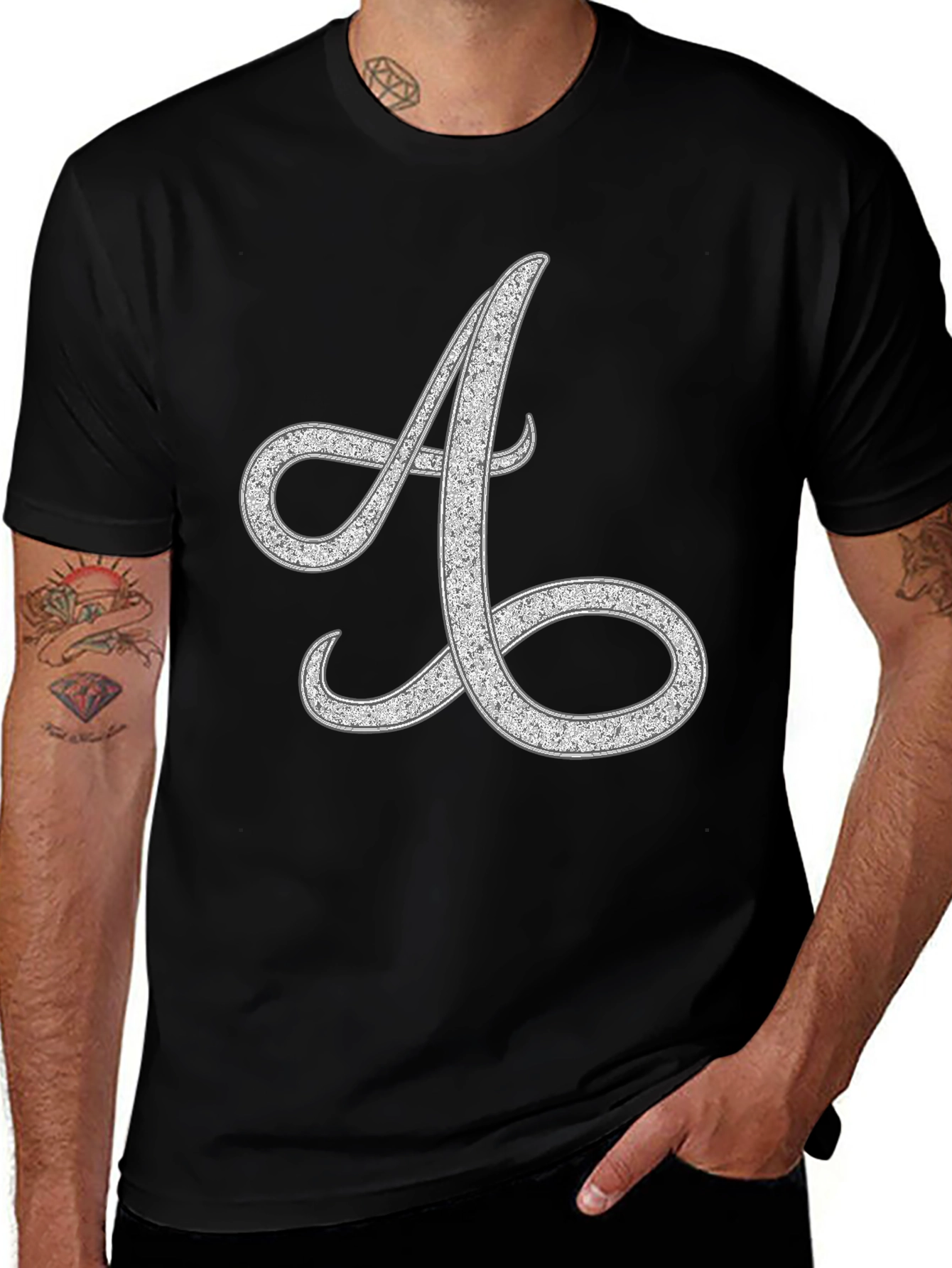 Stylish Black Tee with Silver Letter 'A' Design