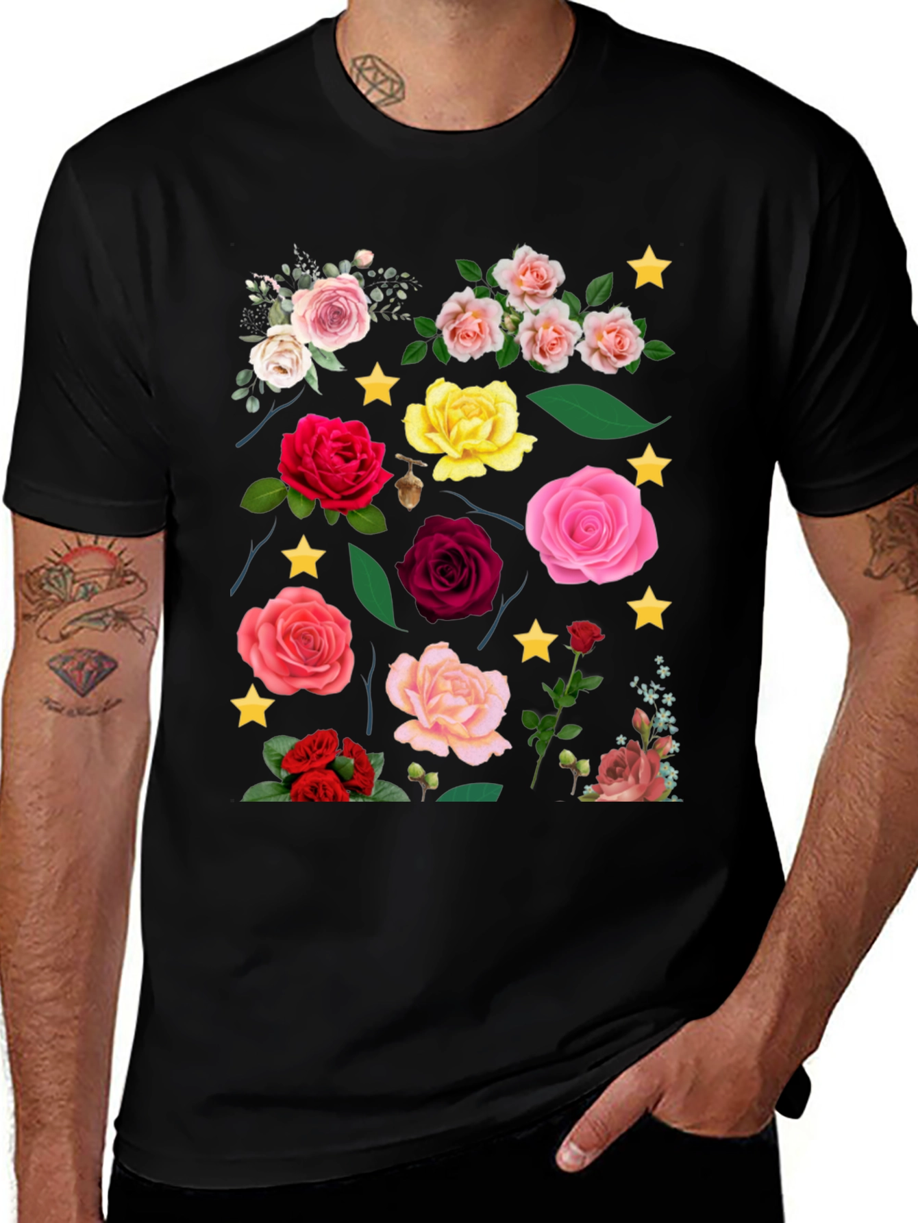 Variant 6 of Floral Rose Print Black T-Shirt