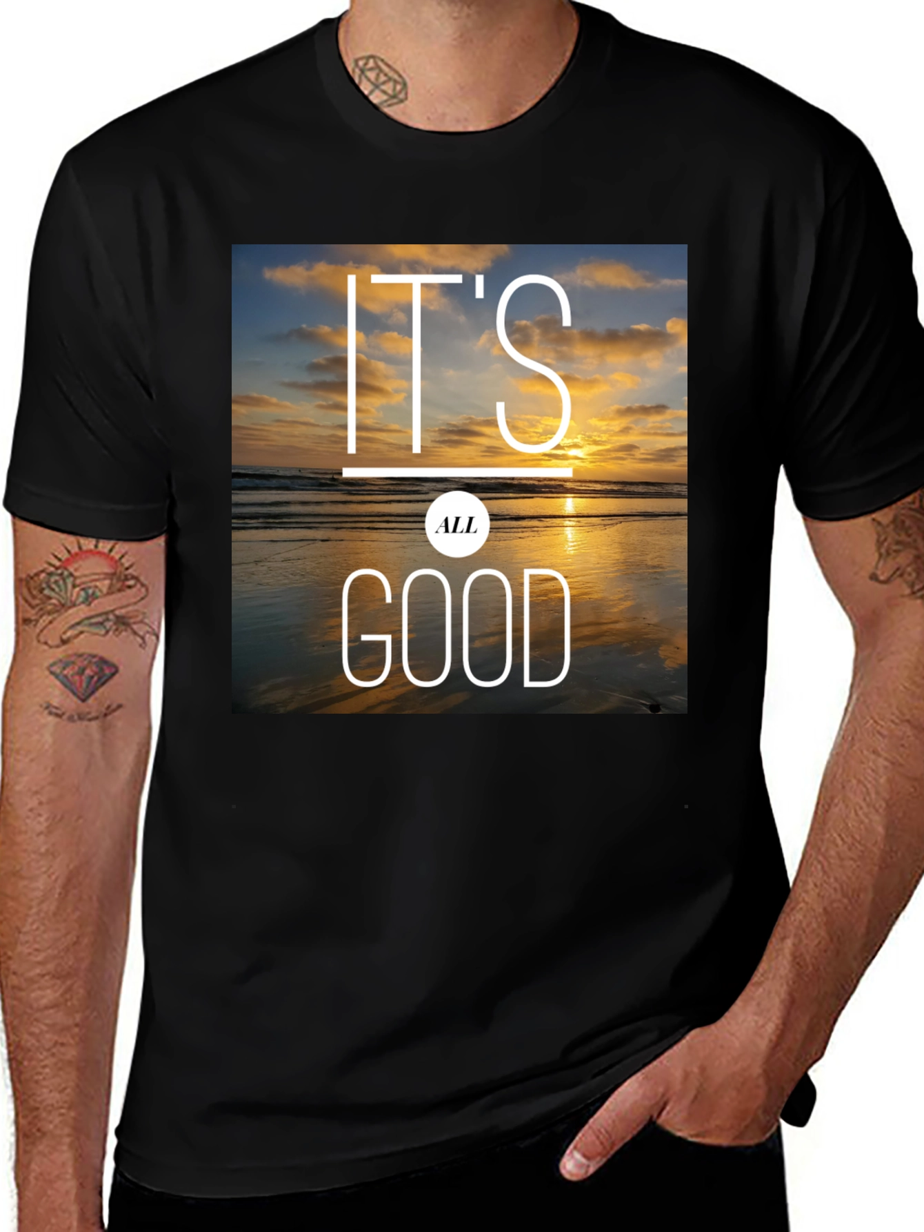 Variant 10 of It's All Good Beach Sunset Graphic Tee - Black Cotton Blend
