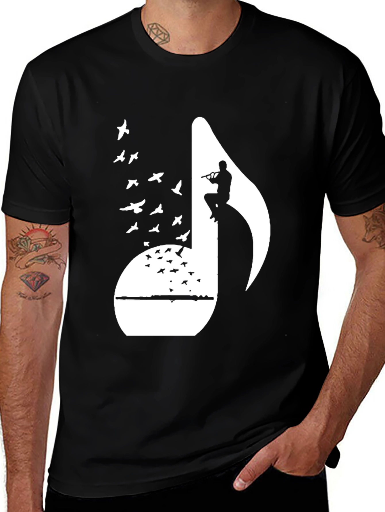 Variant 2 of Musical Note Flute Player Graphic Tee - Black Cotton T-Shirt
