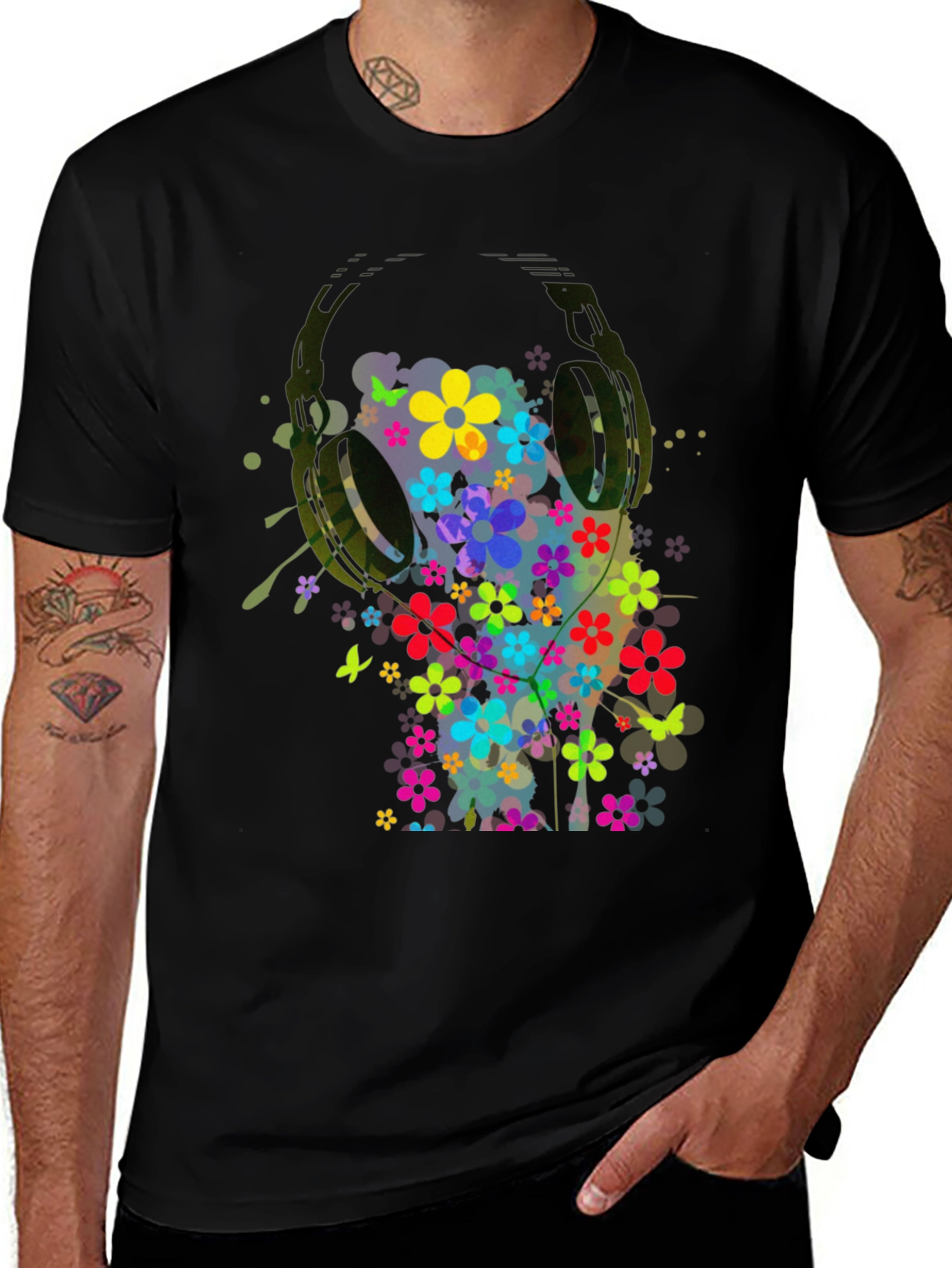 Variant 21 of Floral Headphones Men's Graphic Tee - Black