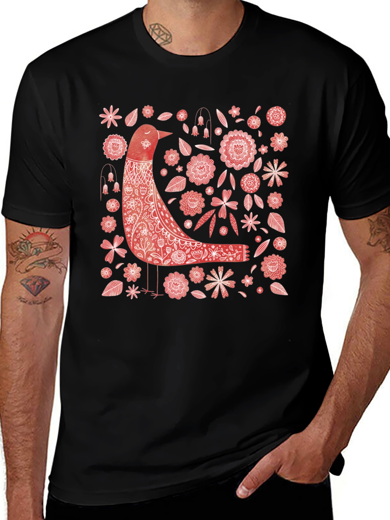 Variant 18 of Floral Bird Graphic Tee - Black Cotton Shirt