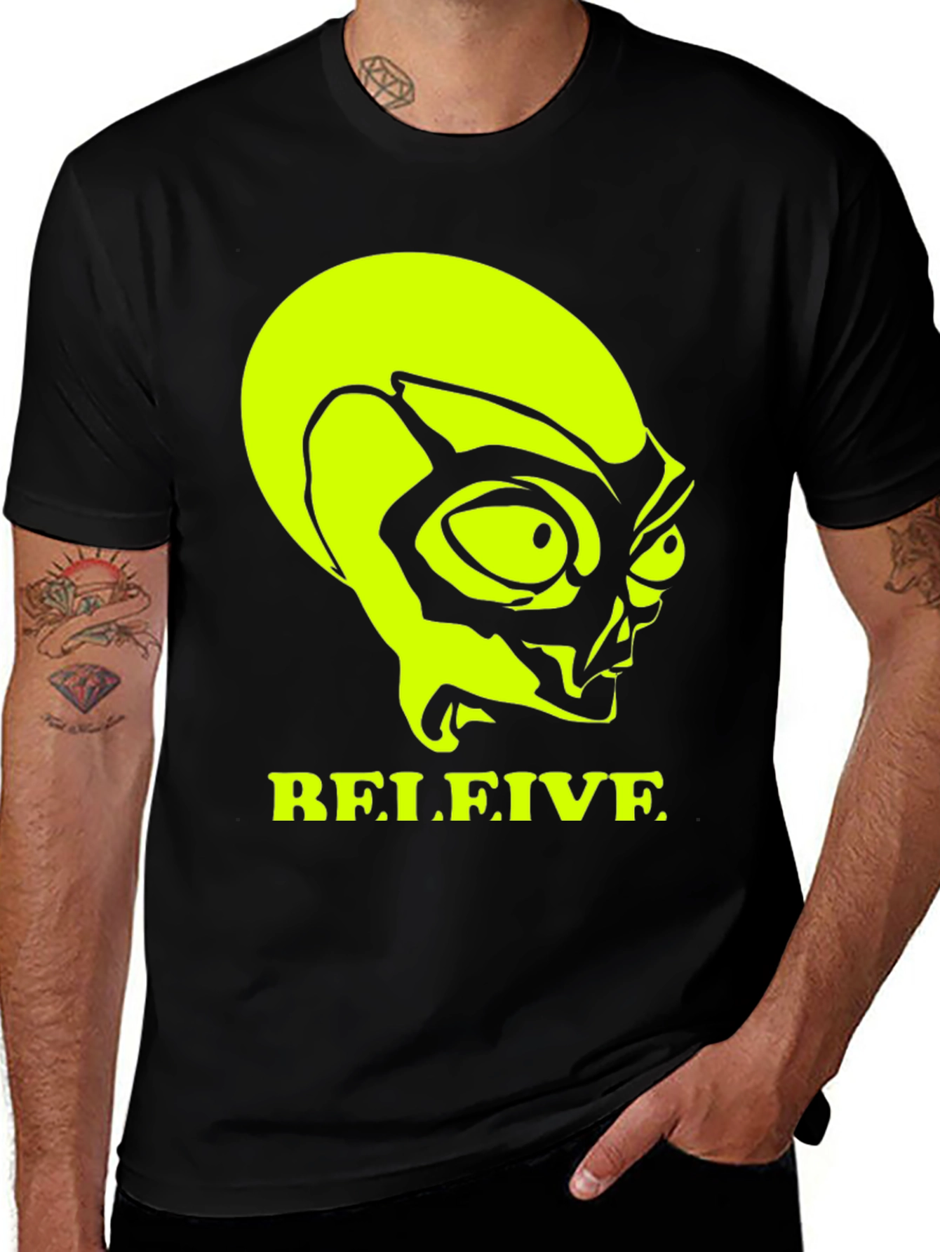 Variant 16 of Believe Alien Graphic Tee - Black Cotton T-Shirt