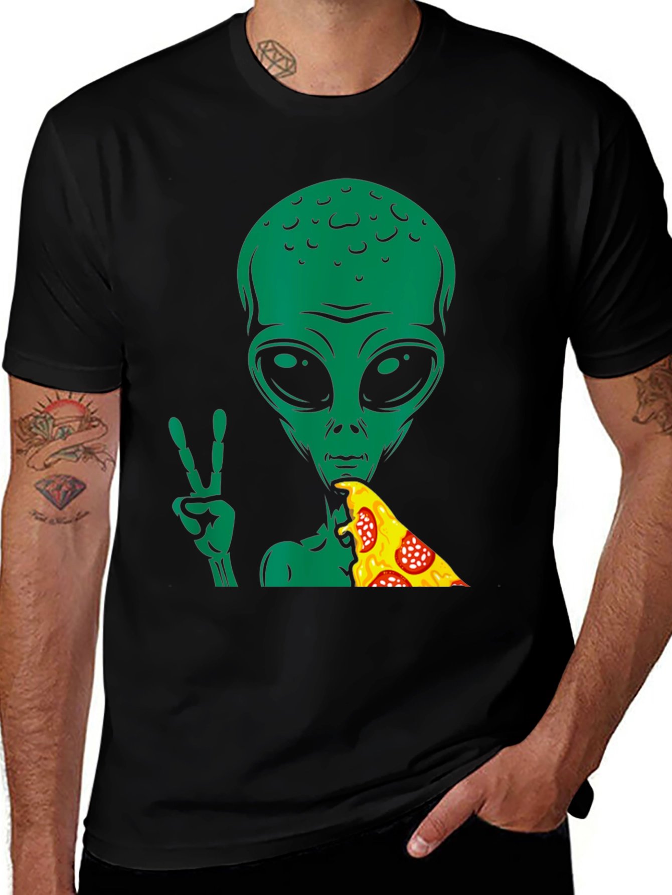 Variant 6 of Alien Pizza Peace T-Shirt - Black Graphic Tee