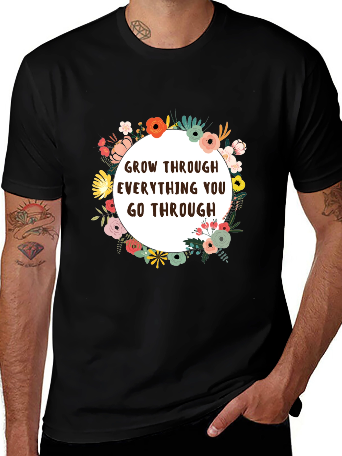 Black Floral Grow Through T-Shirt - Inspirational Tee main image
