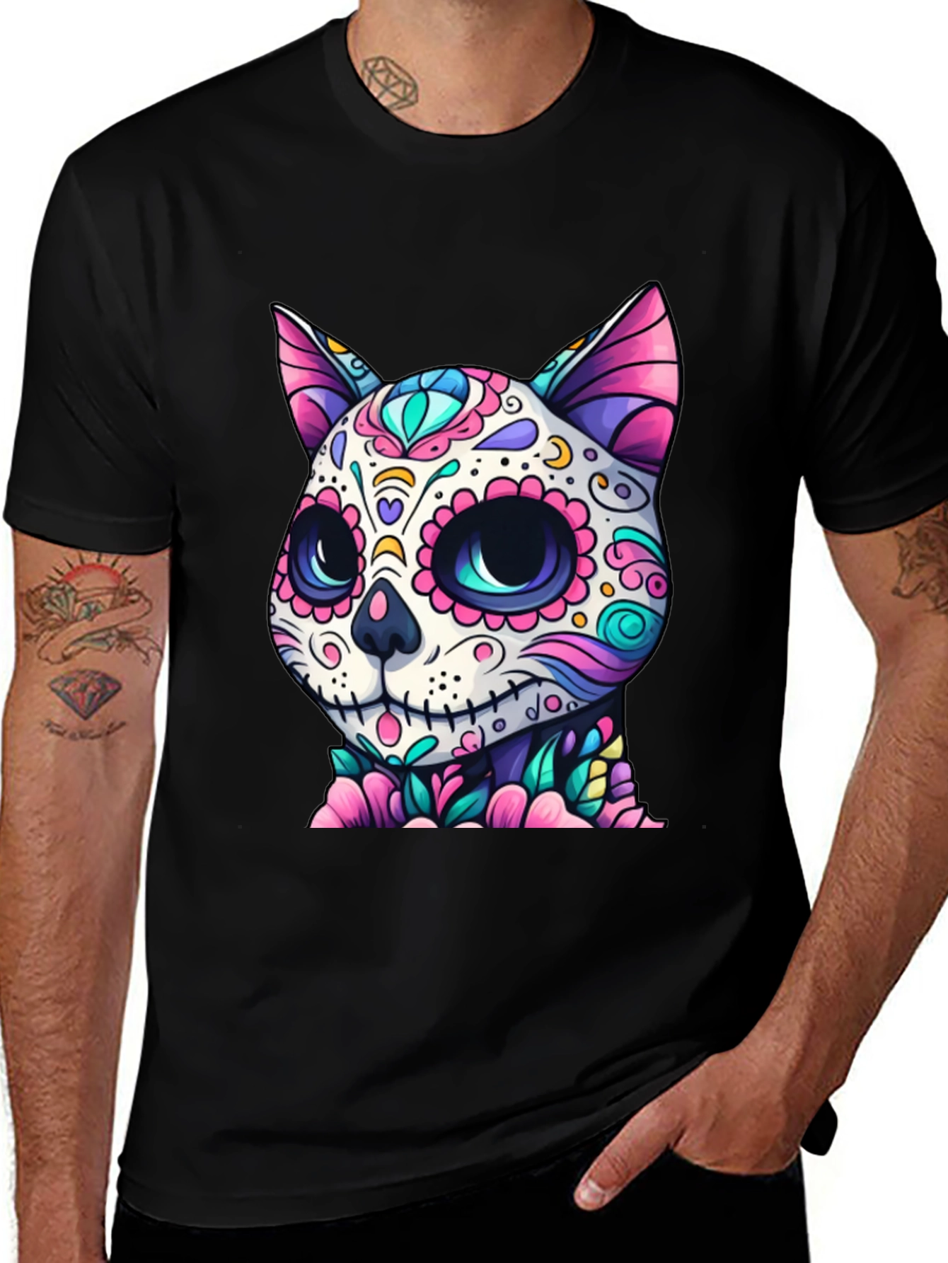 Variant 22 of Sugar Skull Cat Graphic T-Shirt - Day of the Dead Style