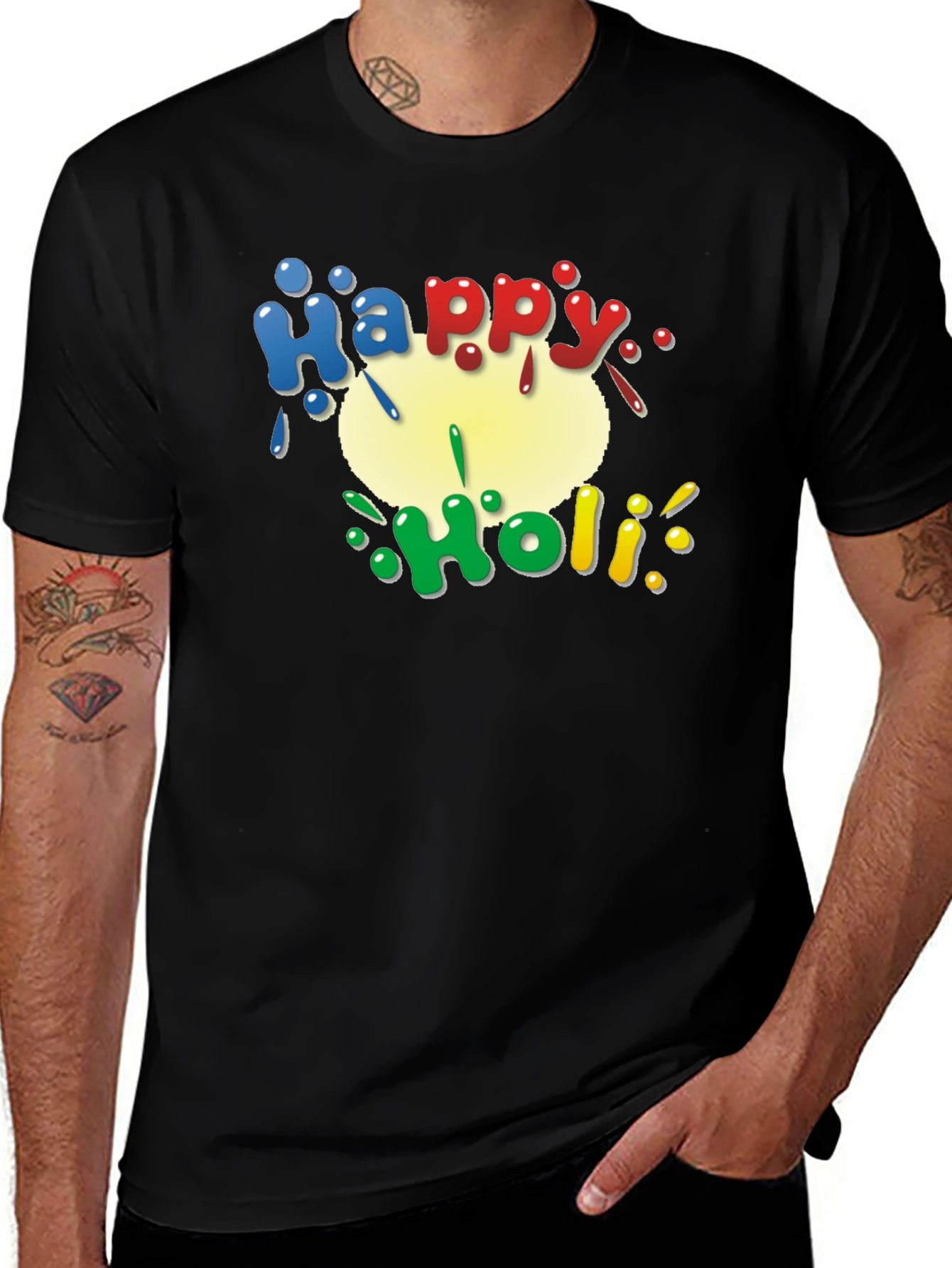 Happy Holi Colorful Graphic Black T-Shirt