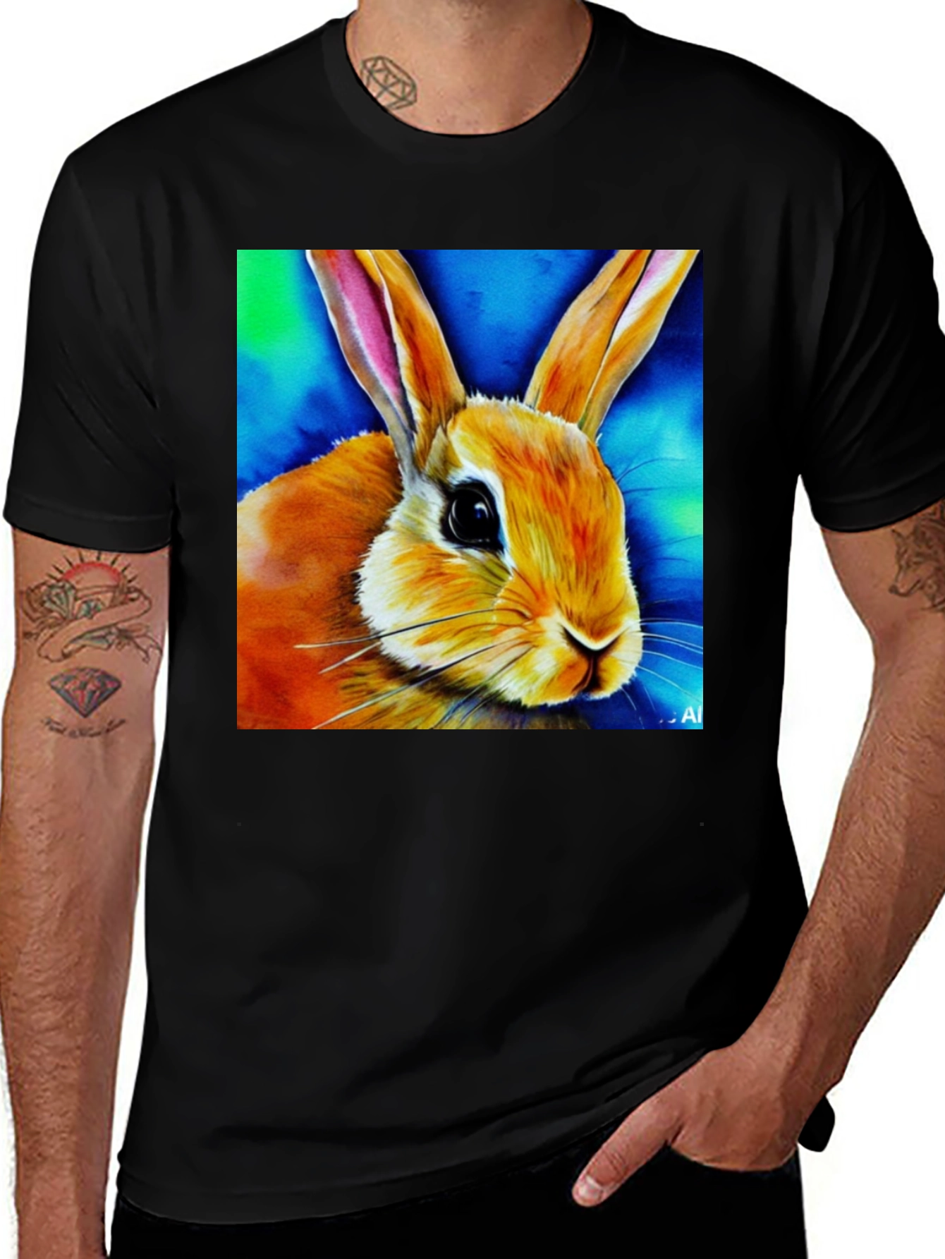 Variant 29 of Rabbit Art Graphic Tee - Black Cotton Blend Shirt