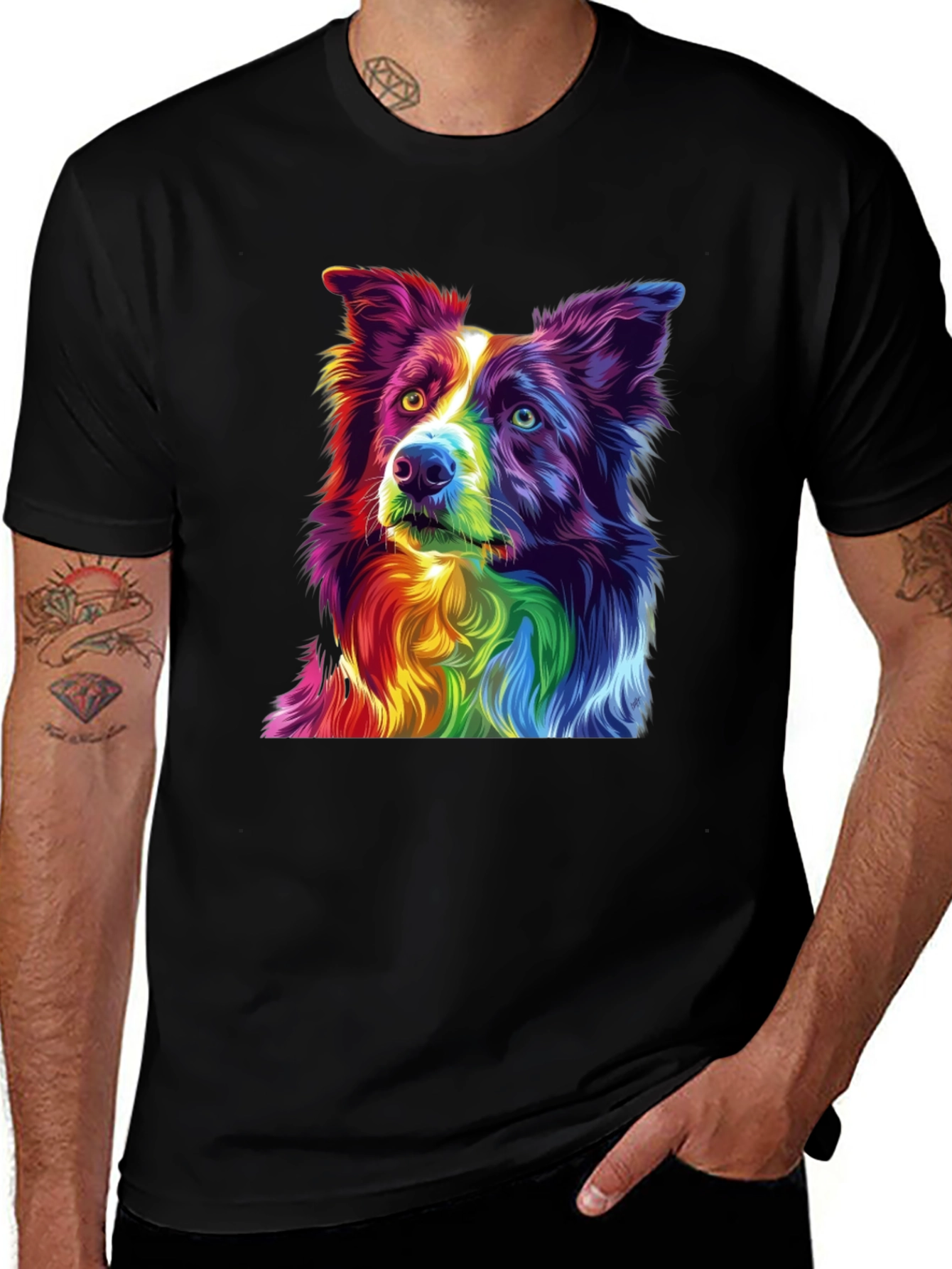 Variant 23 of Rainbow Border Collie Graphic Tee - Men's Black T-Shirt