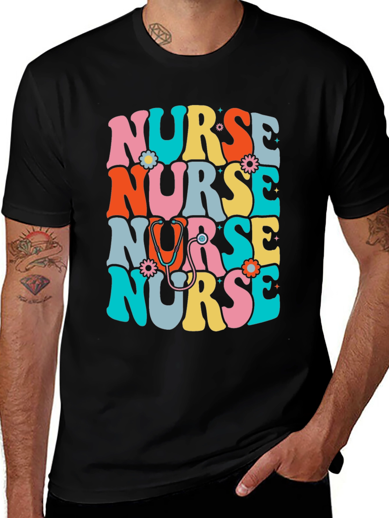 Retro Nurse T-Shirt - Colorful Floral Design