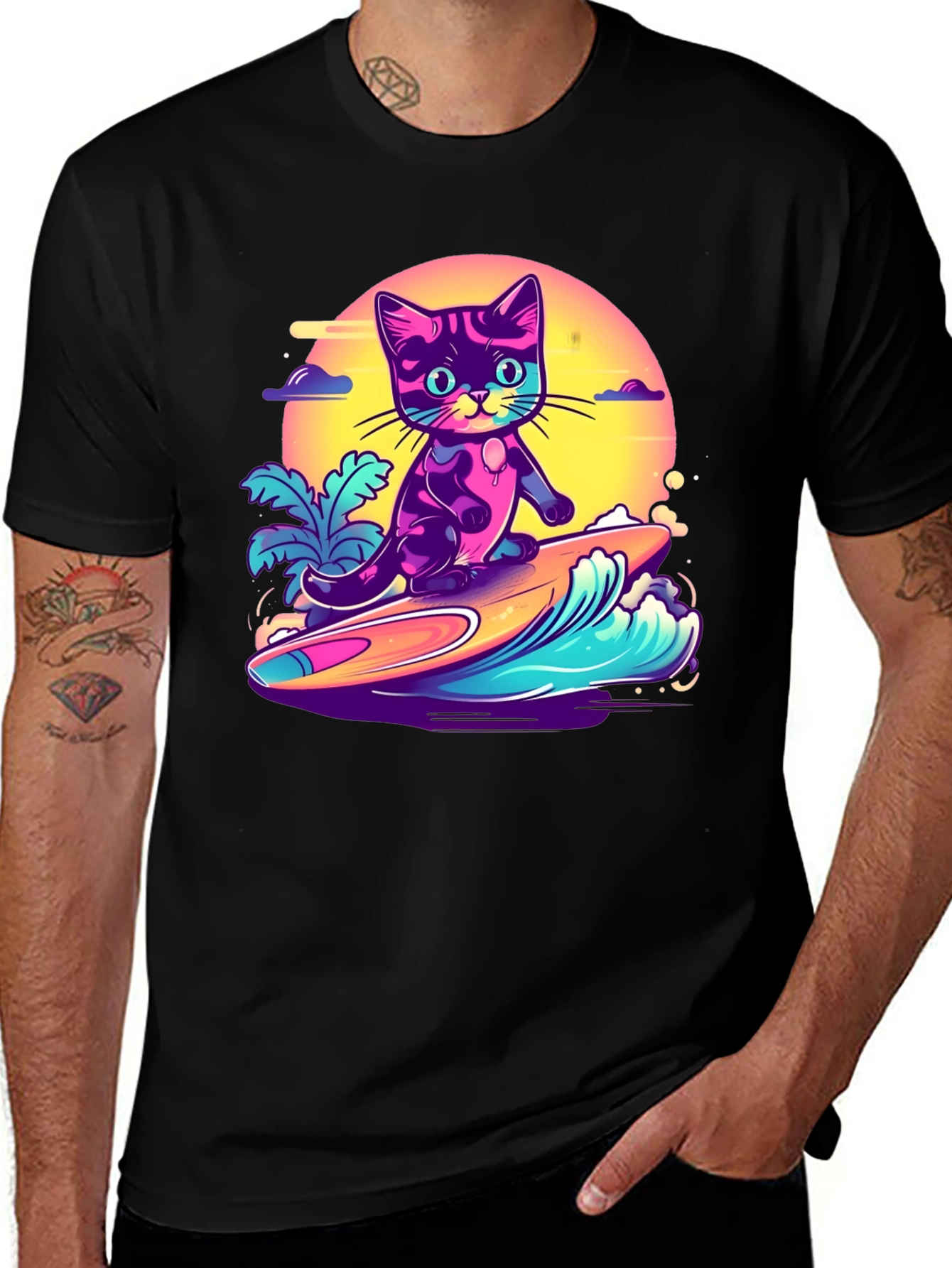 Variant 3 of Surfing Cat Graphic Tee - Cool Black T-Shirt