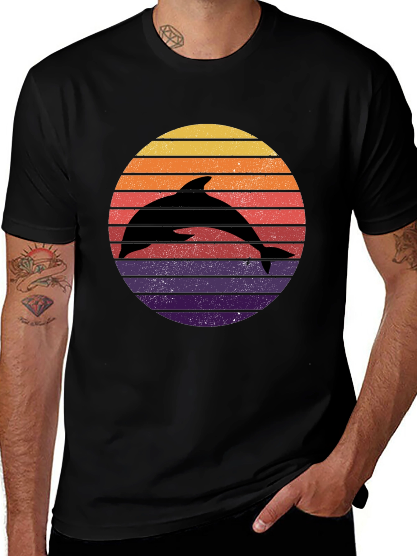 Variant 21 of Dolphin Sunset Graphic Tee - Retro Style Black T-Shirt