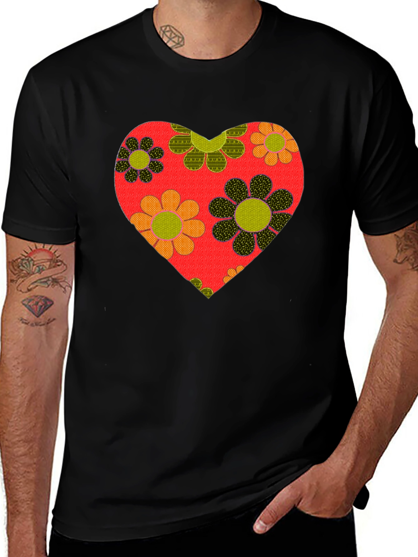 Variant 28 of Retro Floral Heart Graphic Tee - Black