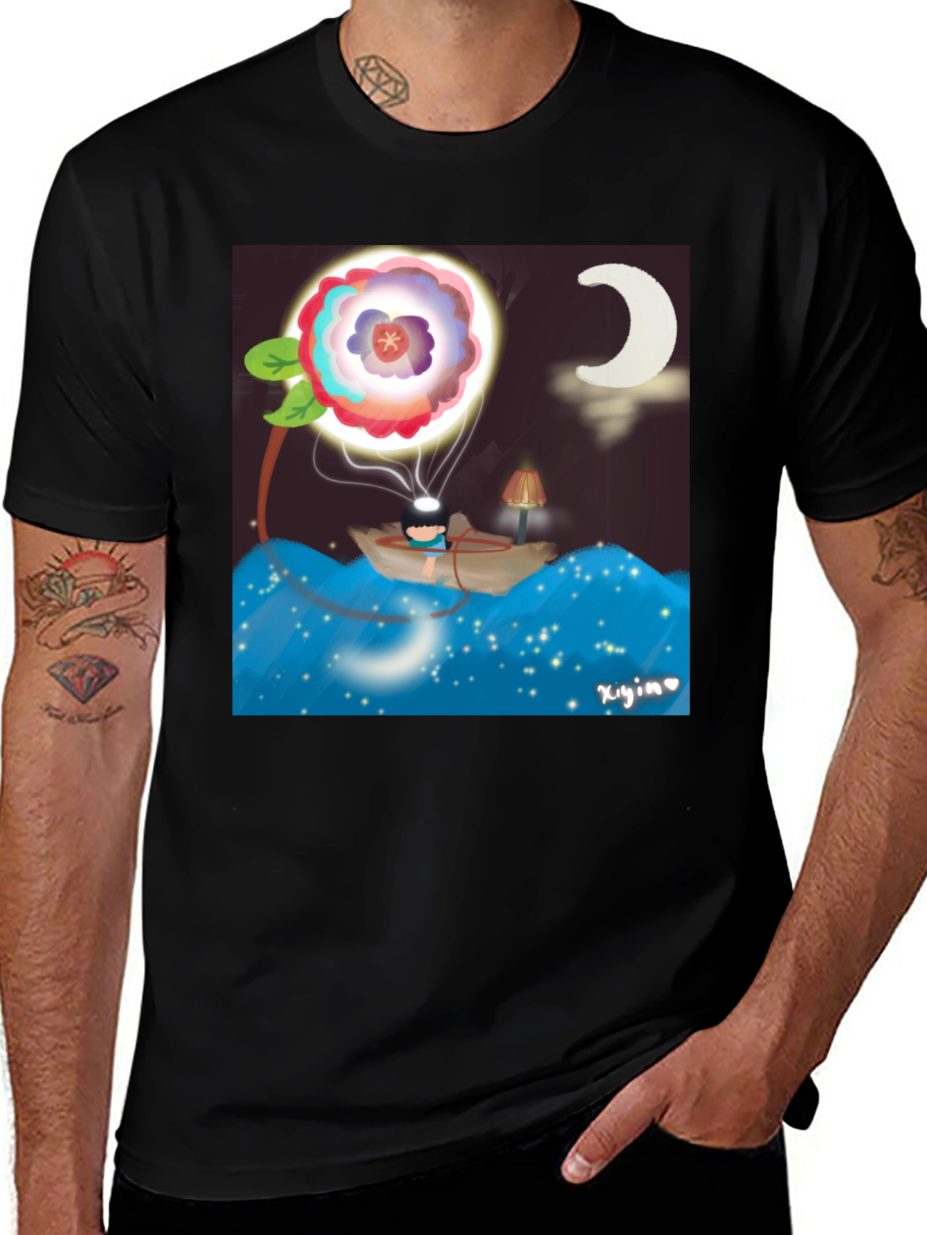 Dreamy Night T-Shirt - Floral Moonlit Boat Design