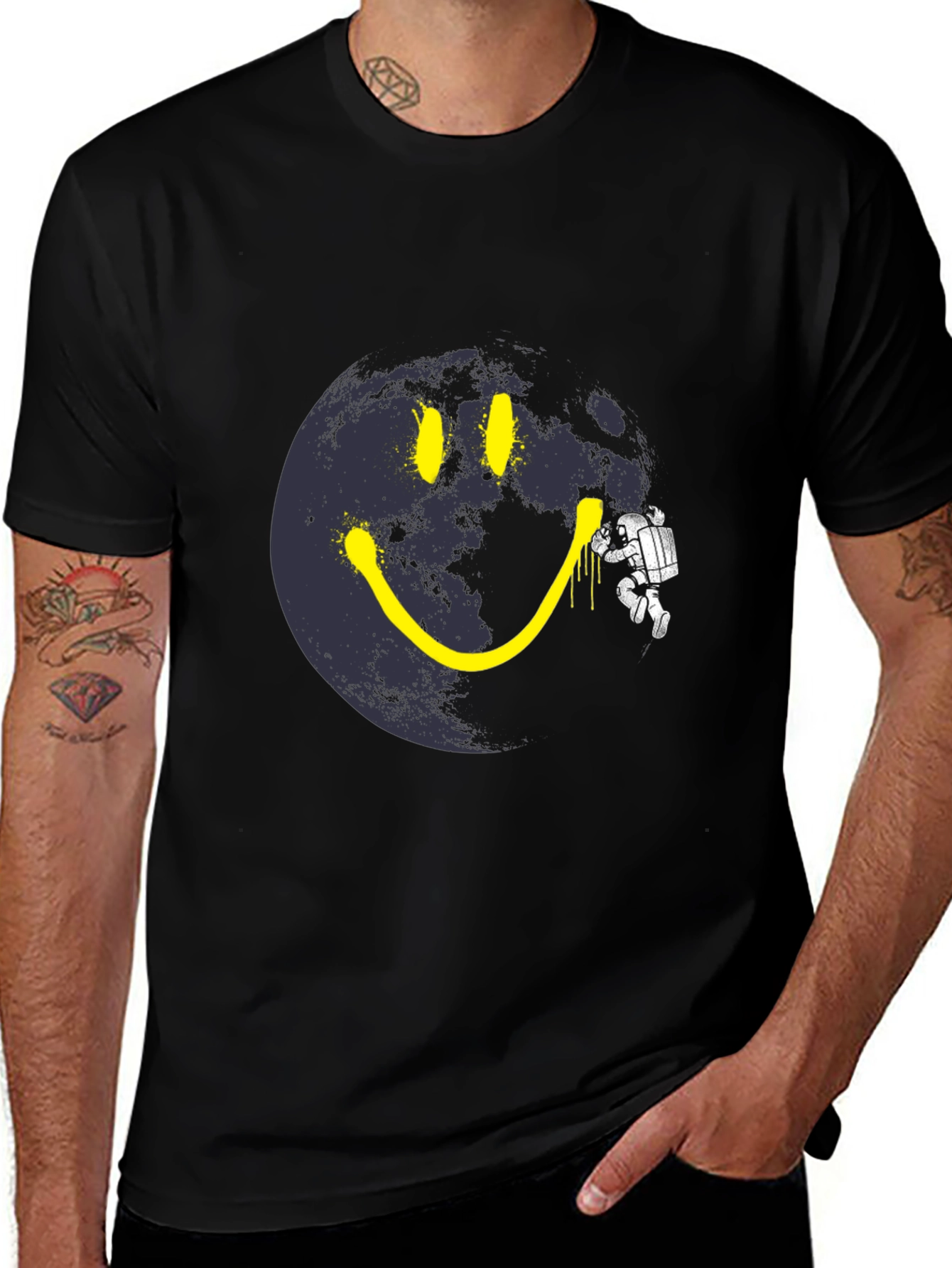 Variant 29 of Astronaut Moon Smile T-Shirt - Black Cotton Graphic Tee