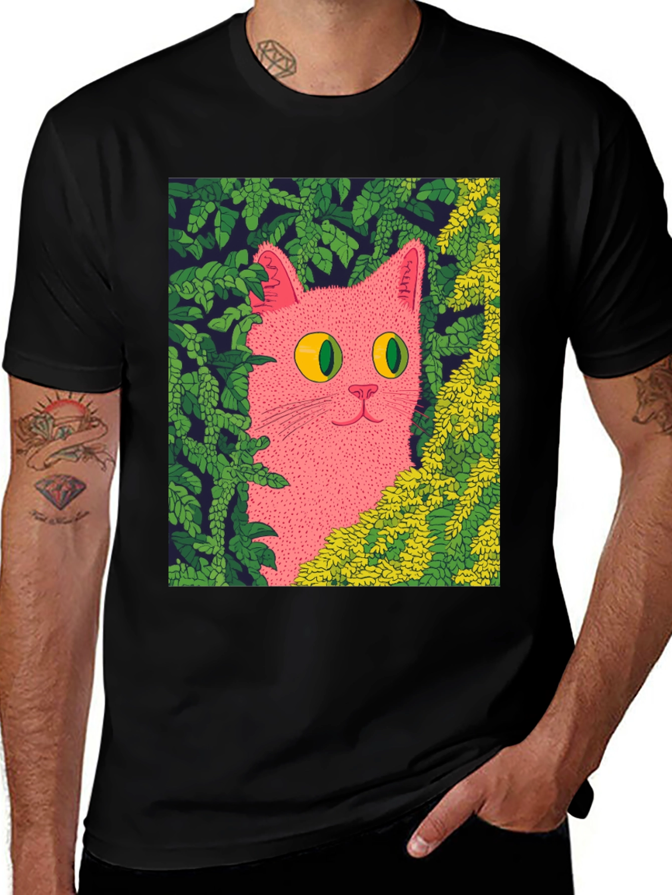 Variant 8 of Pink Cat in Jungle Black T-Shirt - Unique Graphic Tee