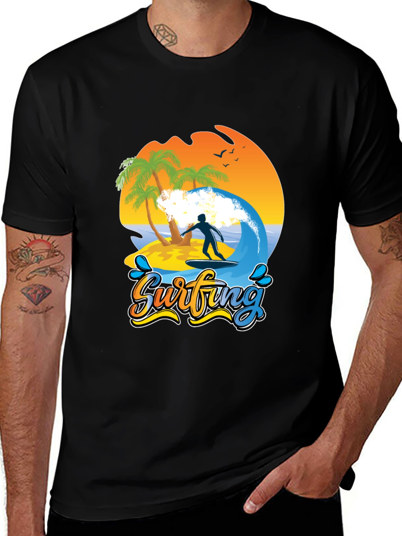 Variant 7 of Surfing Beach T-Shirt, Palm Trees, Wave Rider Tee