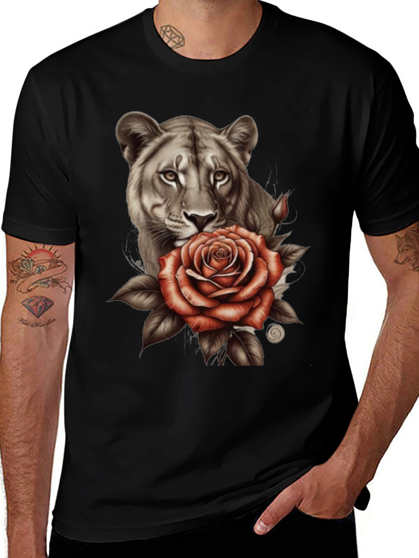 Variant 20 of Lioness and Rose Graphic Print Black T-Shirt