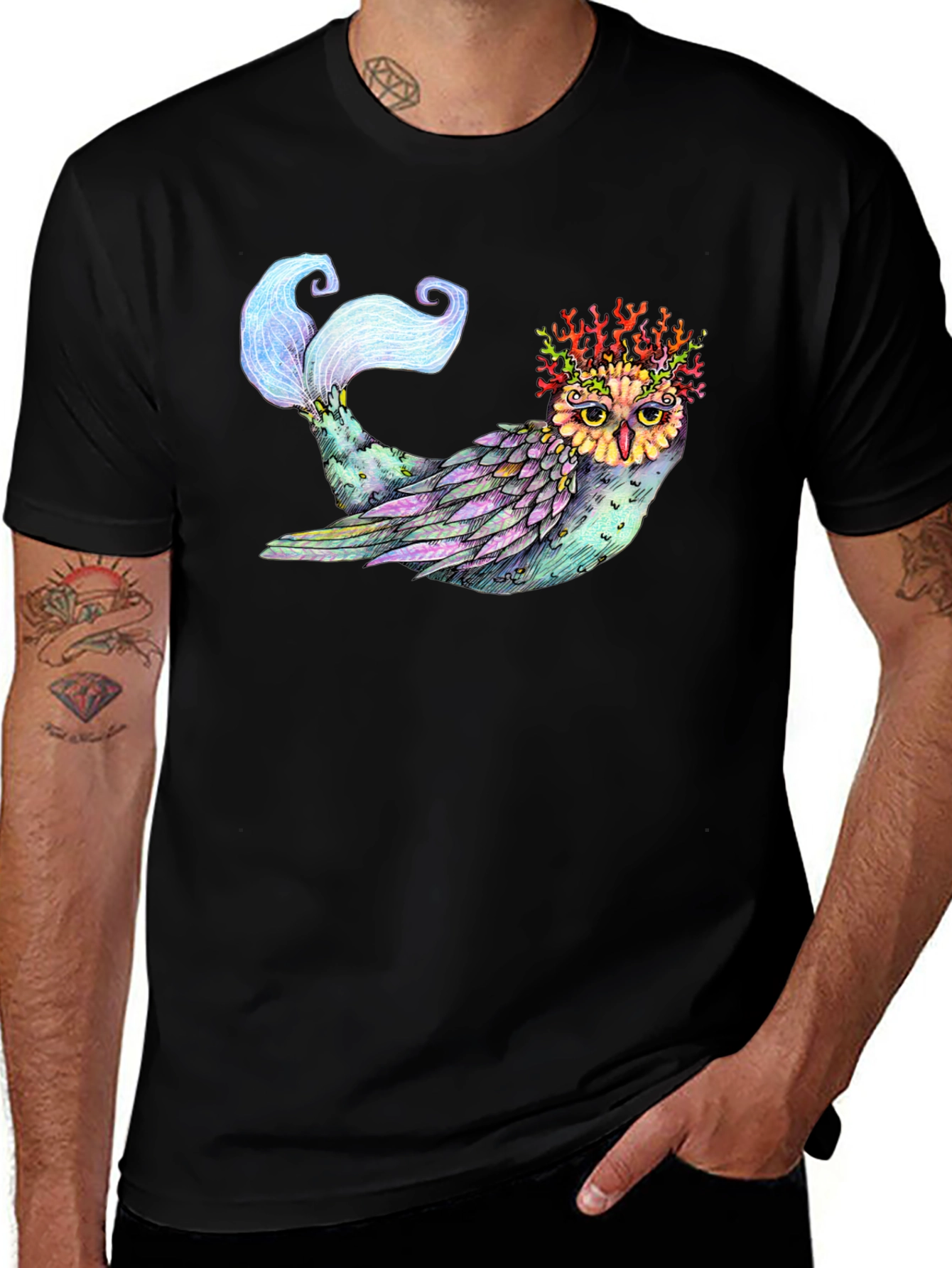 Variant 3 of Mystical Owl Mermaid T-Shirt - Unique Fantasy Art