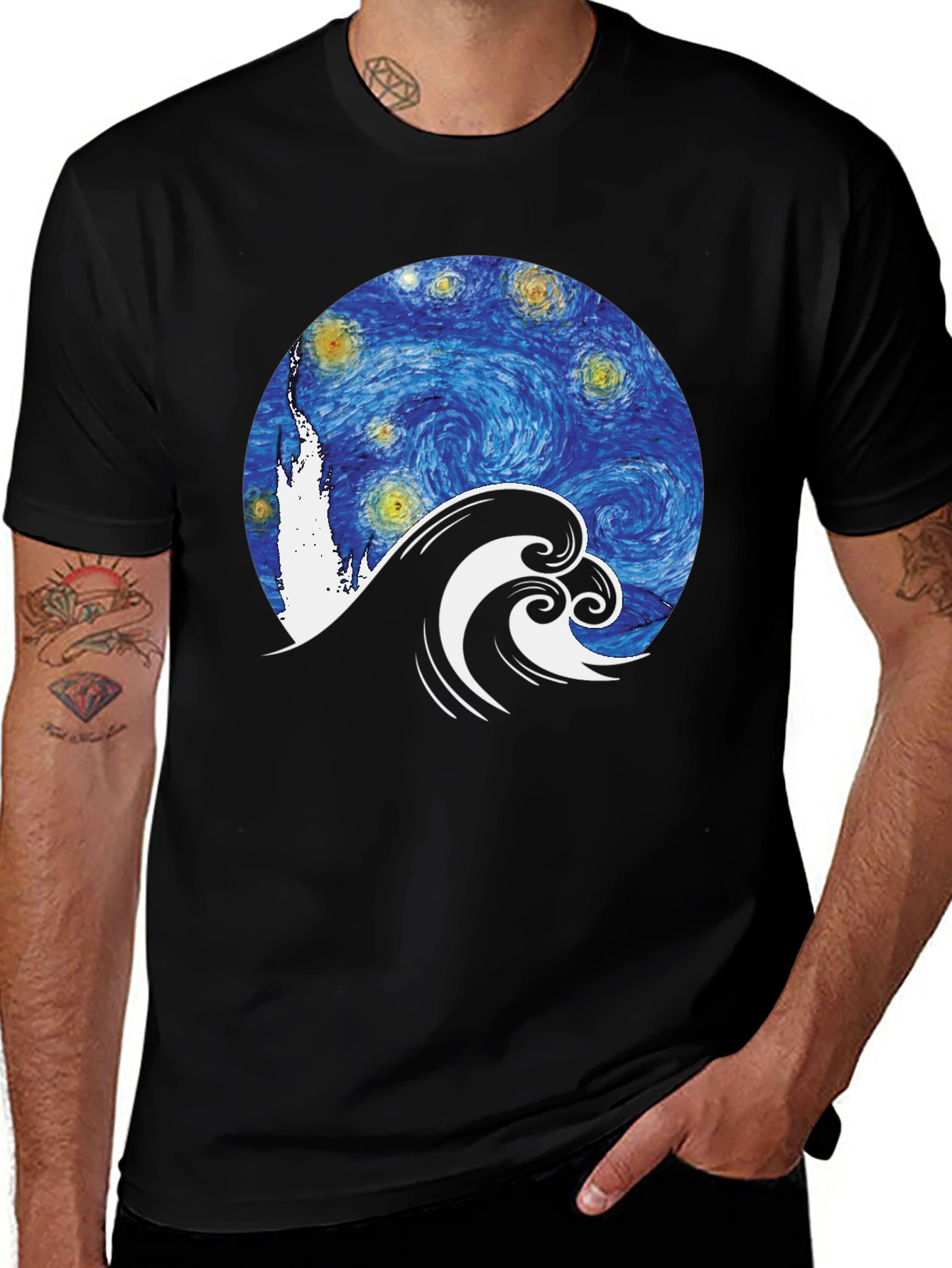 Variant 14 of Starry Night Wave Graphic Tee - Black Cotton T-Shirt