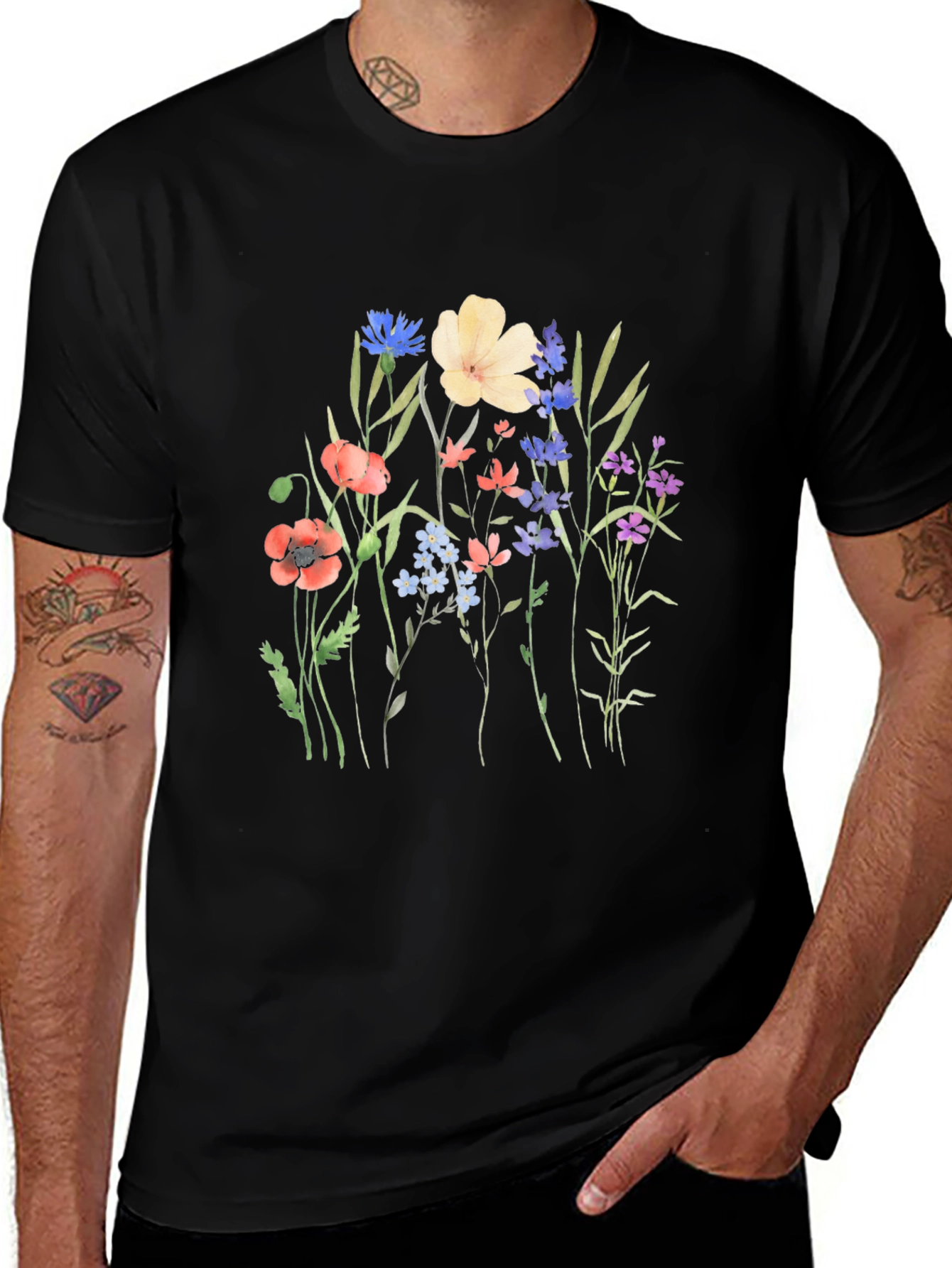 Variant 12 of Floral Print Black T-Shirt - Nature Lover Tee