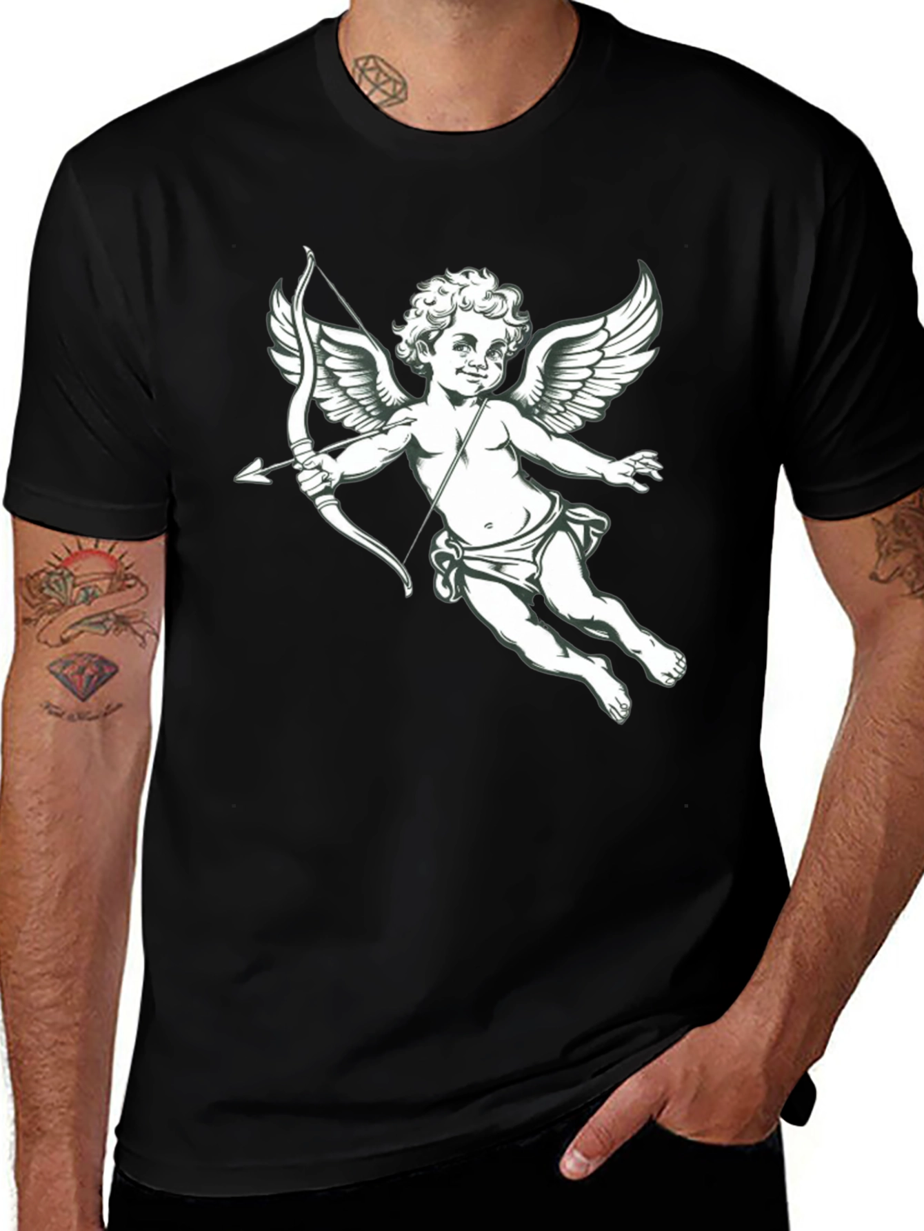 Cupid Graphic T-Shirt - Black, Angel with Bow