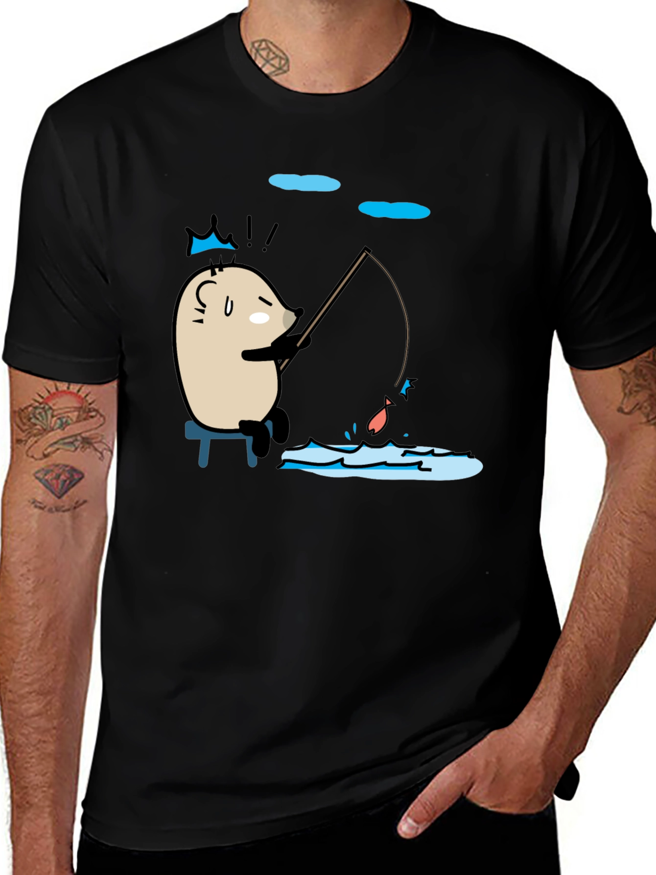 Variant 8 of Funny Fishing Cartoon Black T-Shirt