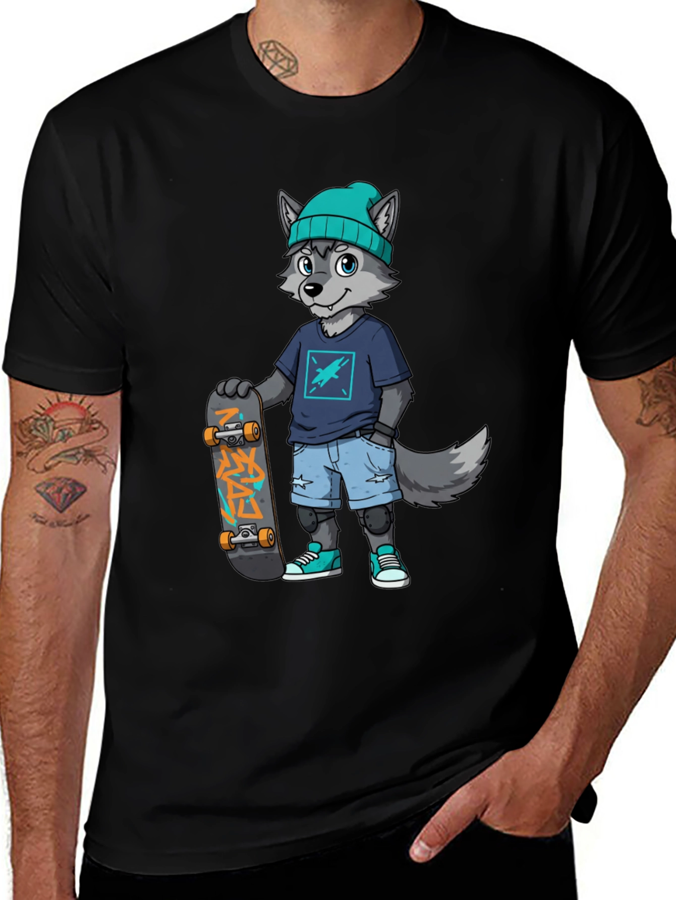 Variant 12 of Wolf Skateboarder Graphic Tee - Cool Cartoon Style