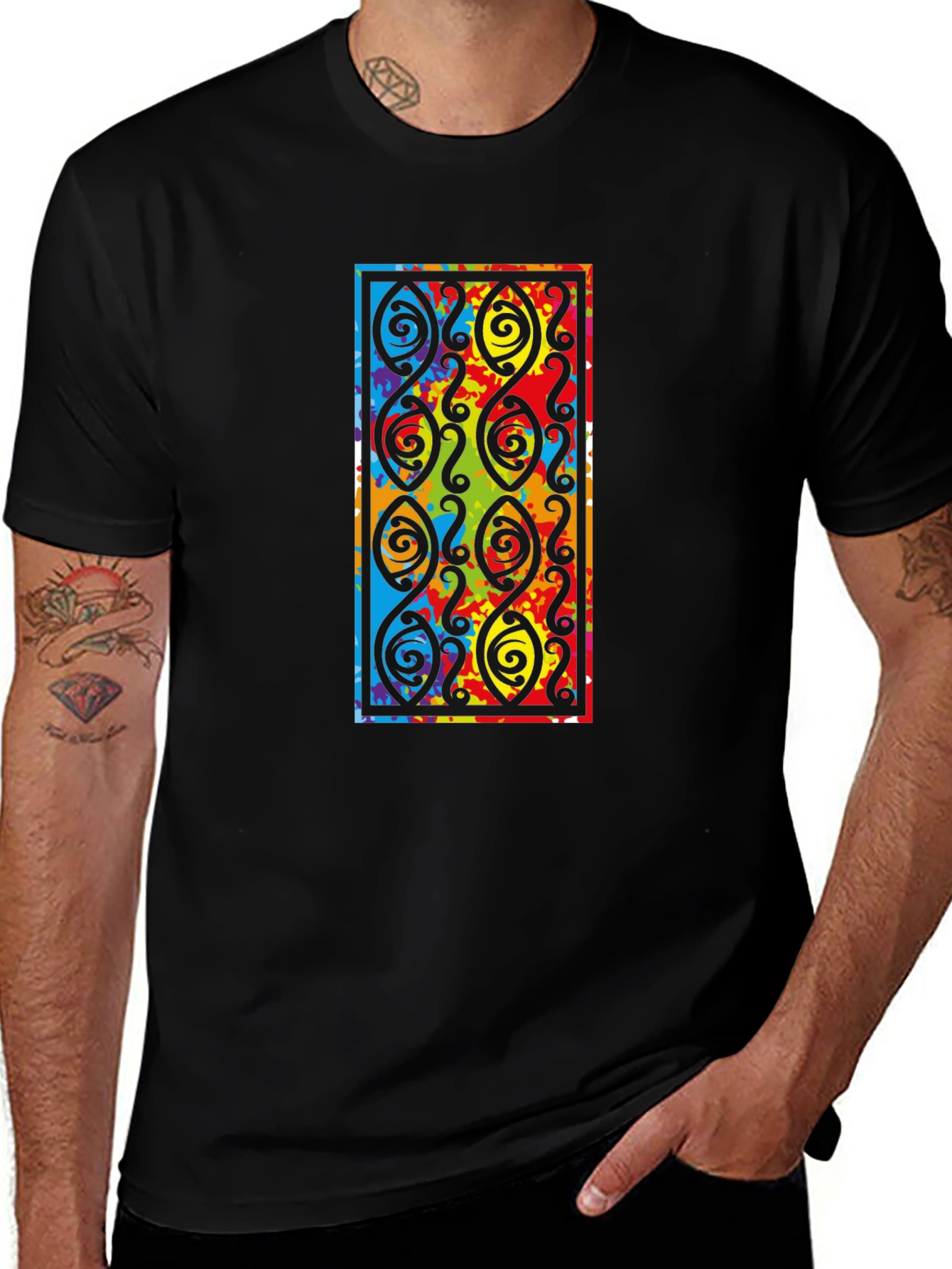 Variant 8 of Black Tee with Colorful Abstract Design