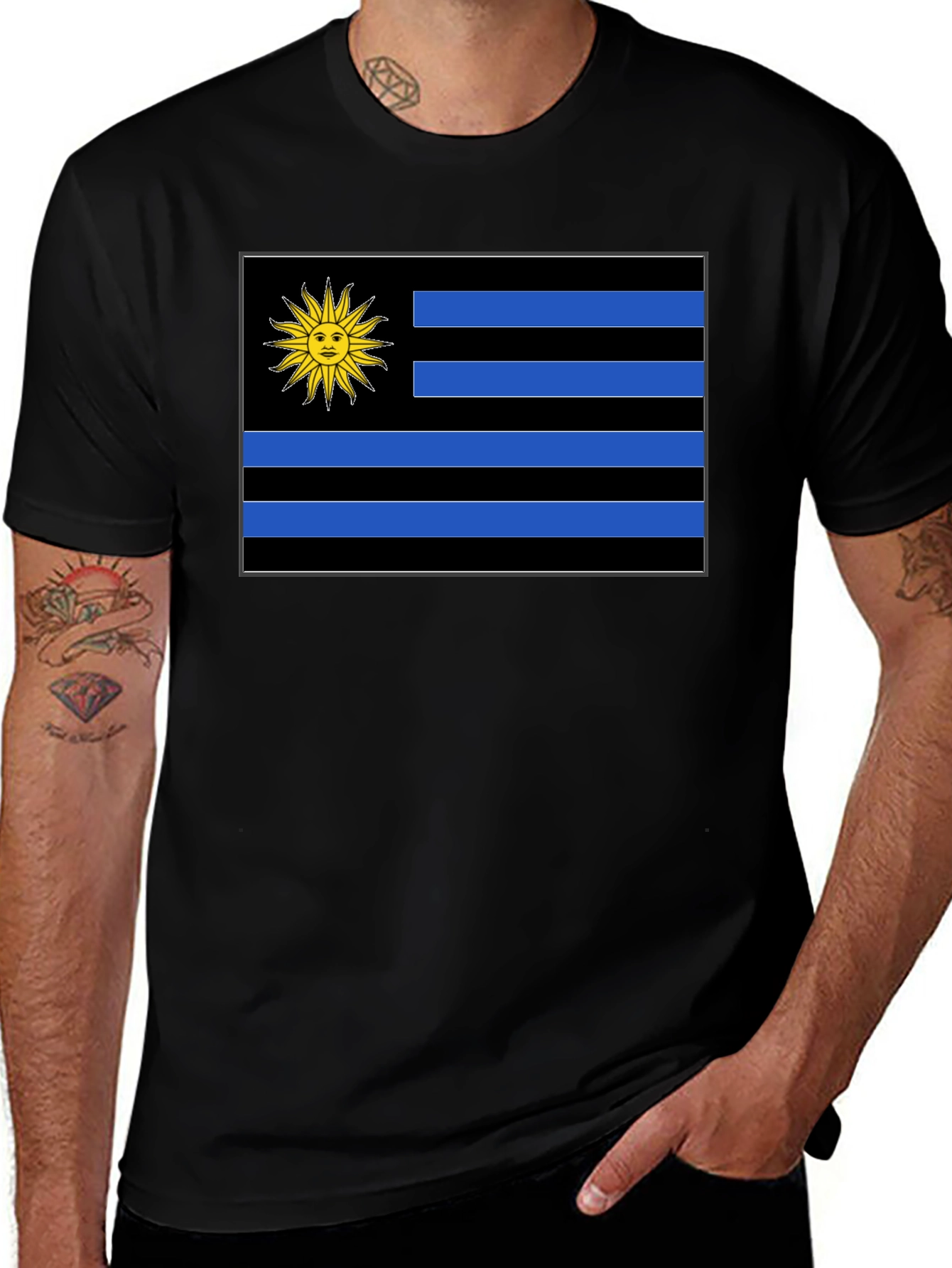 Uruguay Flag Graphic Tee - Black Cotton T-Shirt