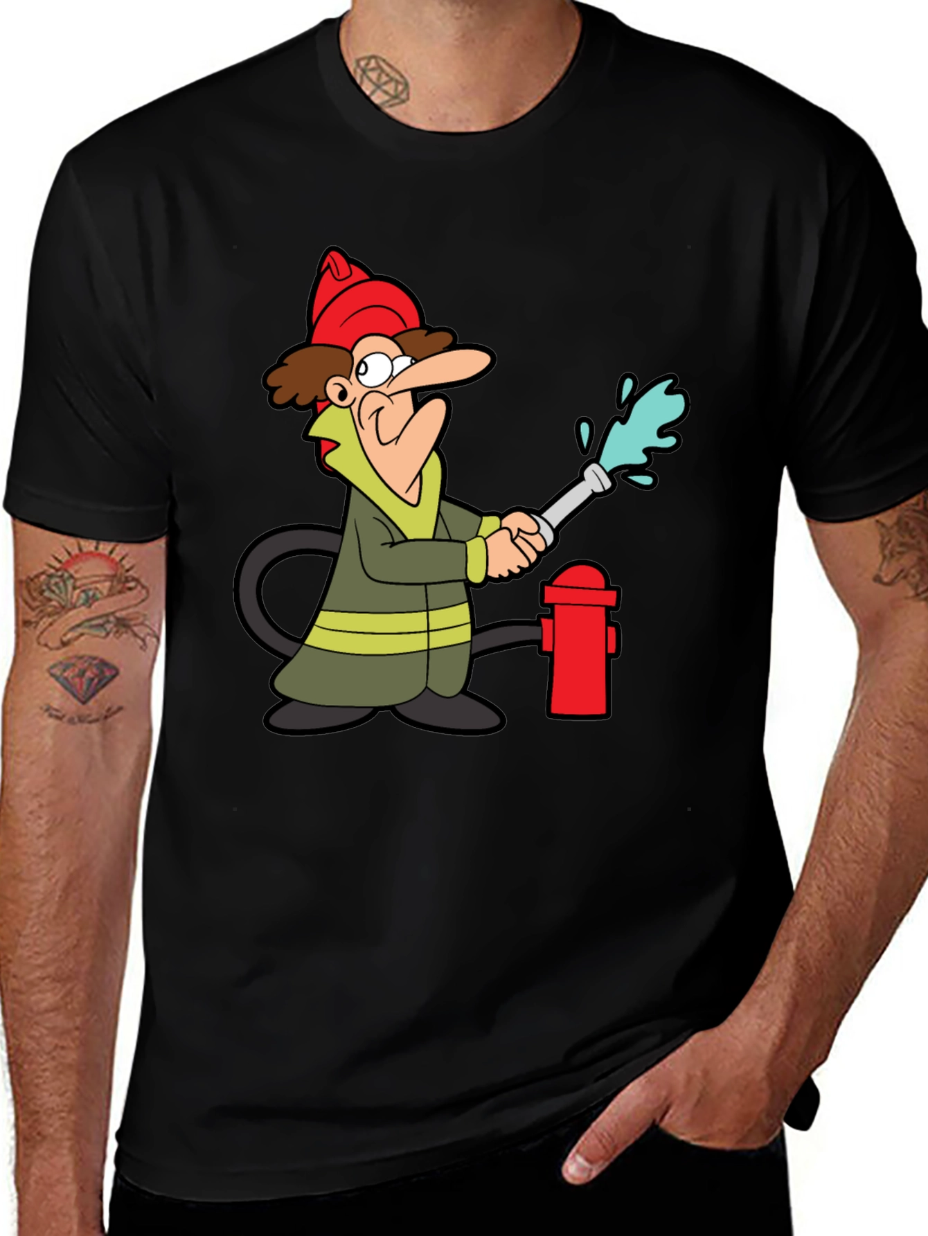 Variant 25 of Cartoon Fireman T-Shirt - Black Cotton Tee
