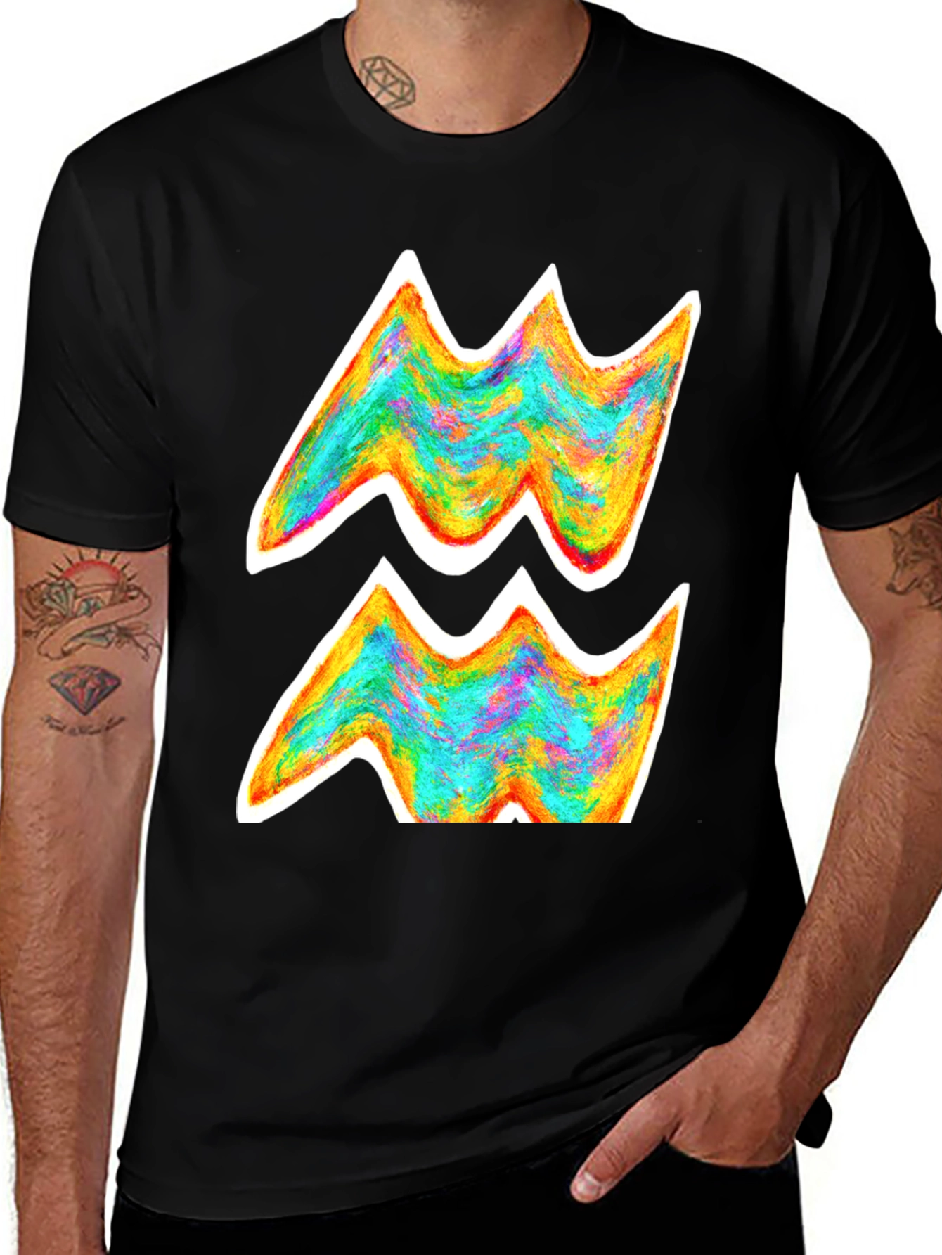 Aquarius Zodiac Sign Colorful Graphic Tee - Black