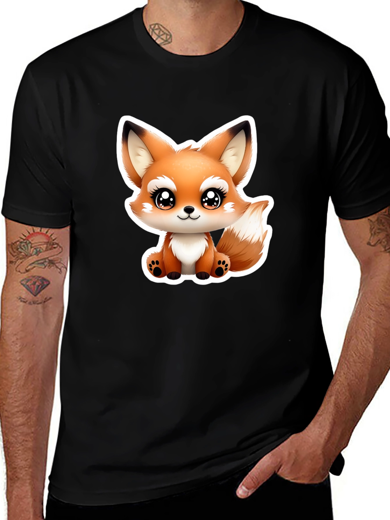 Variant 23 of Cute Cartoon Fox Graphic Tee - Black Cotton T-Shirt