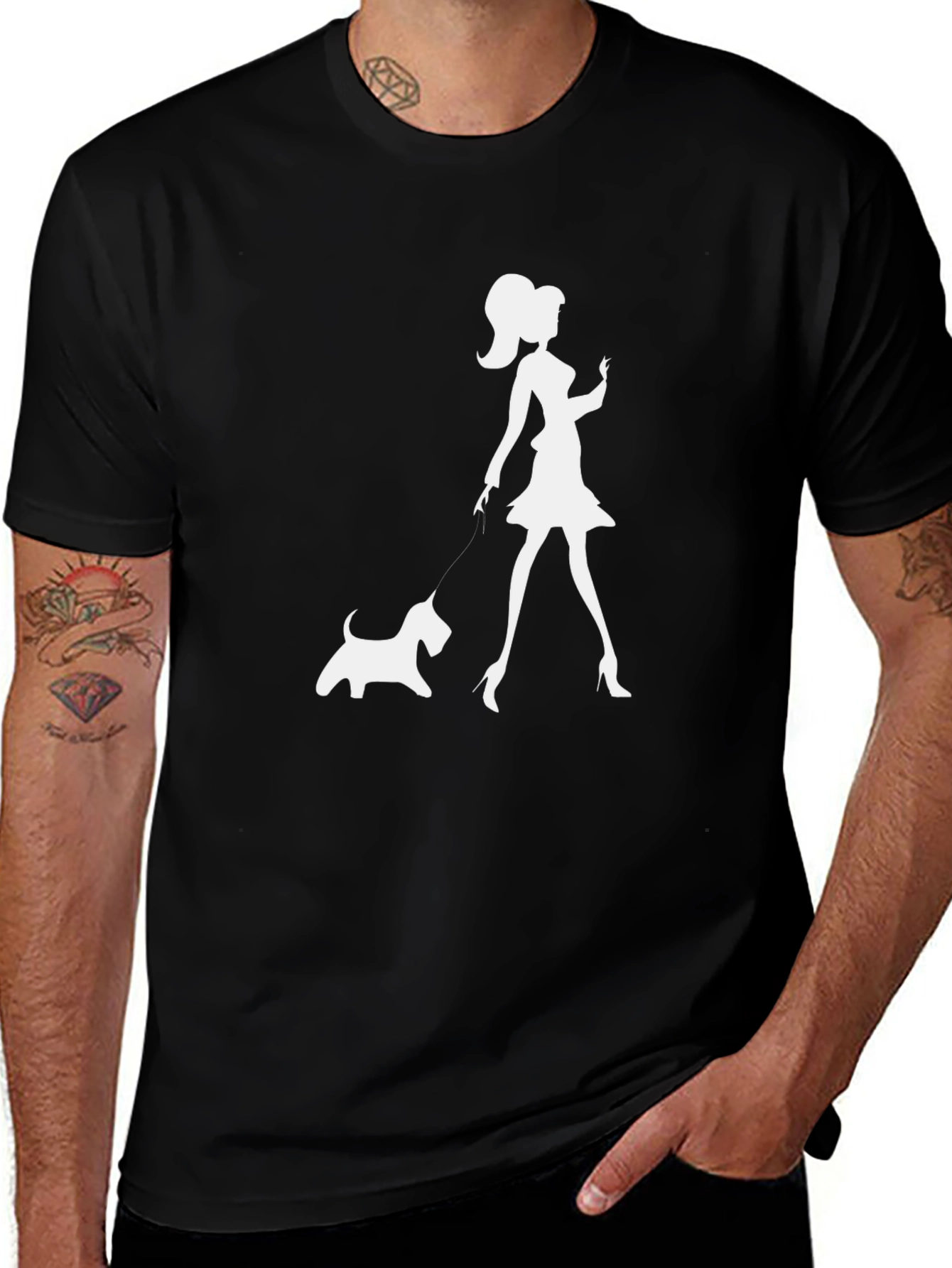 Stylish Woman & Dog Graphic Tee - Black Cotton Casual Shirt