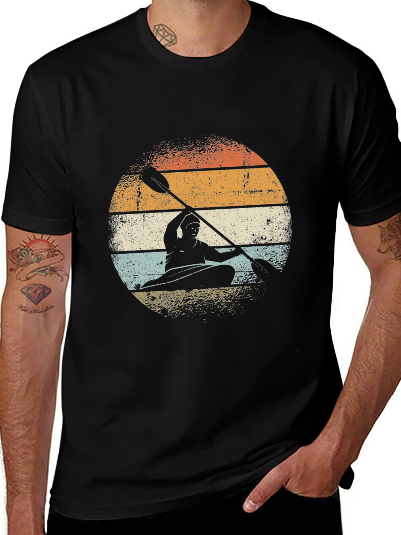 Variant 23 of Retro Kayak Sunset Graphic Tee - Black Cotton Shirt