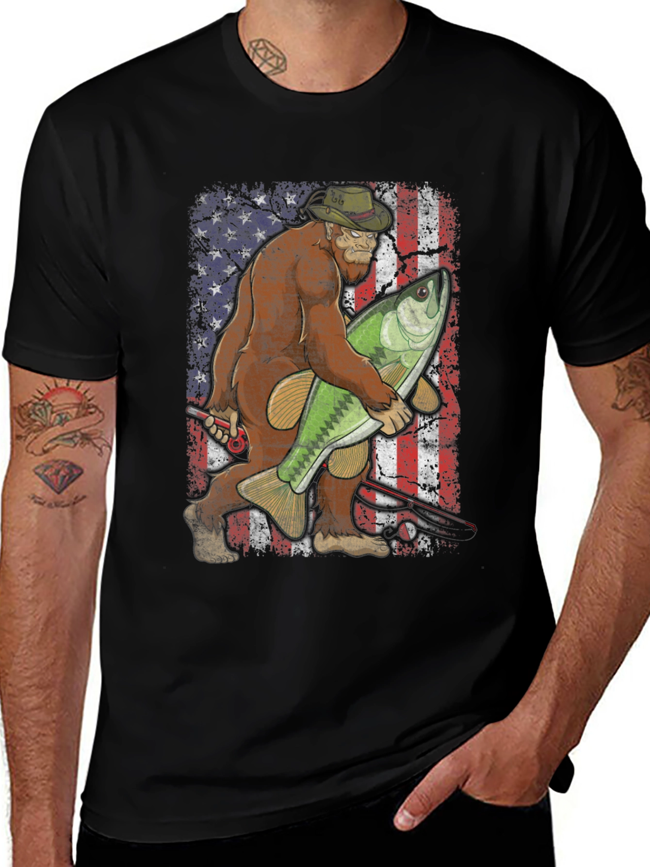 Bigfoot Fishing USA Flag T-Shirt