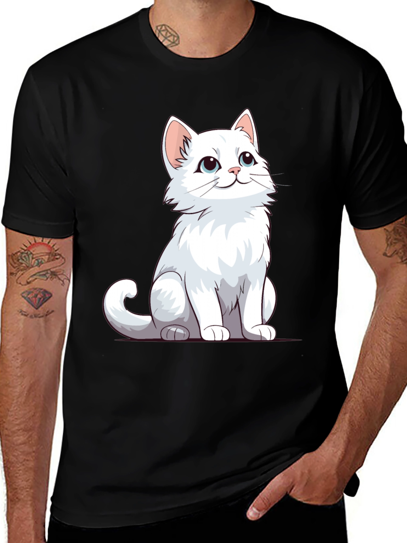Variant 29 of Cute White Cat Graphic Black T-Shirt