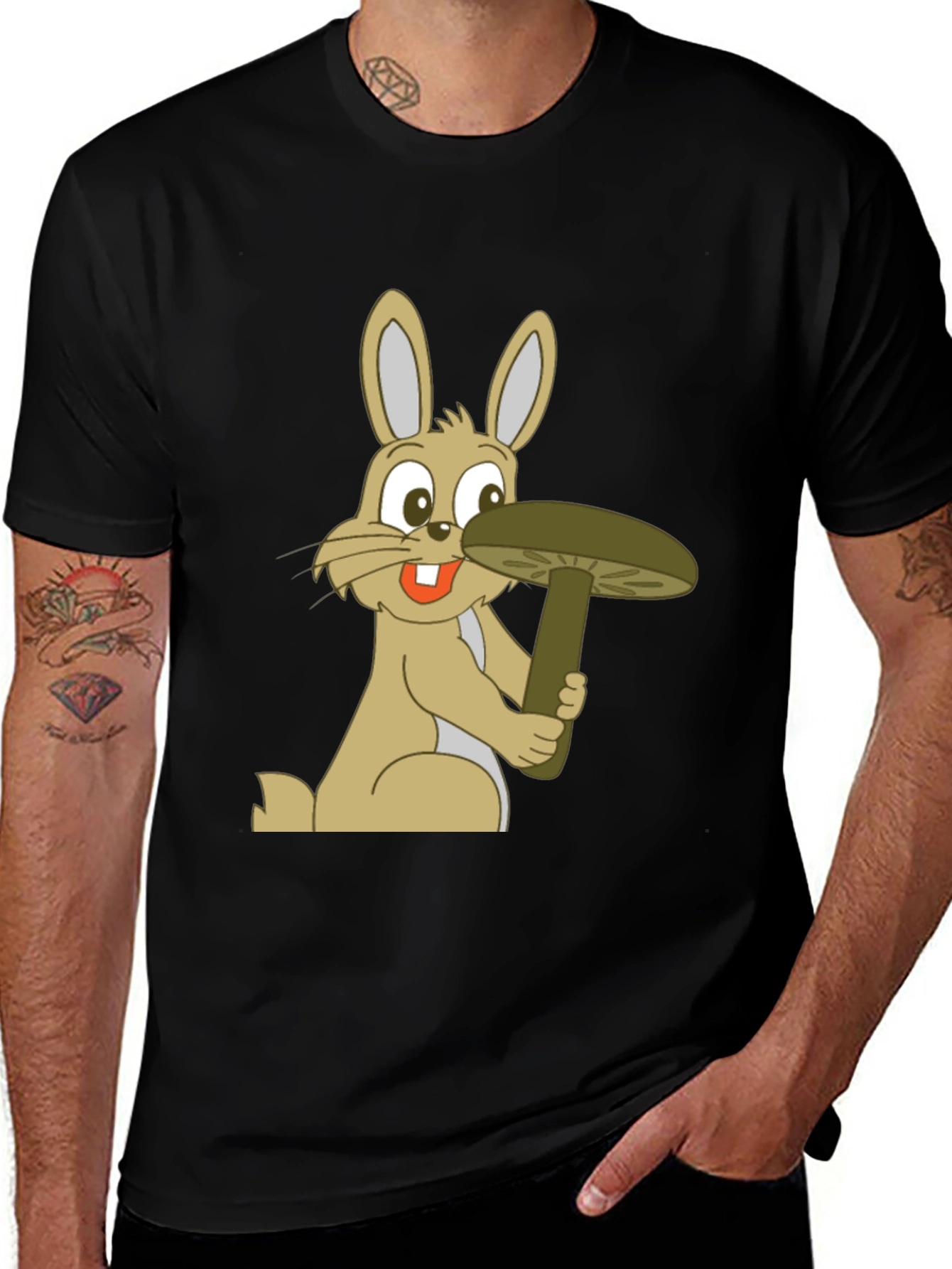 Variant 11 of Cartoon Rabbit with Mushroom Graphic Tee - Black