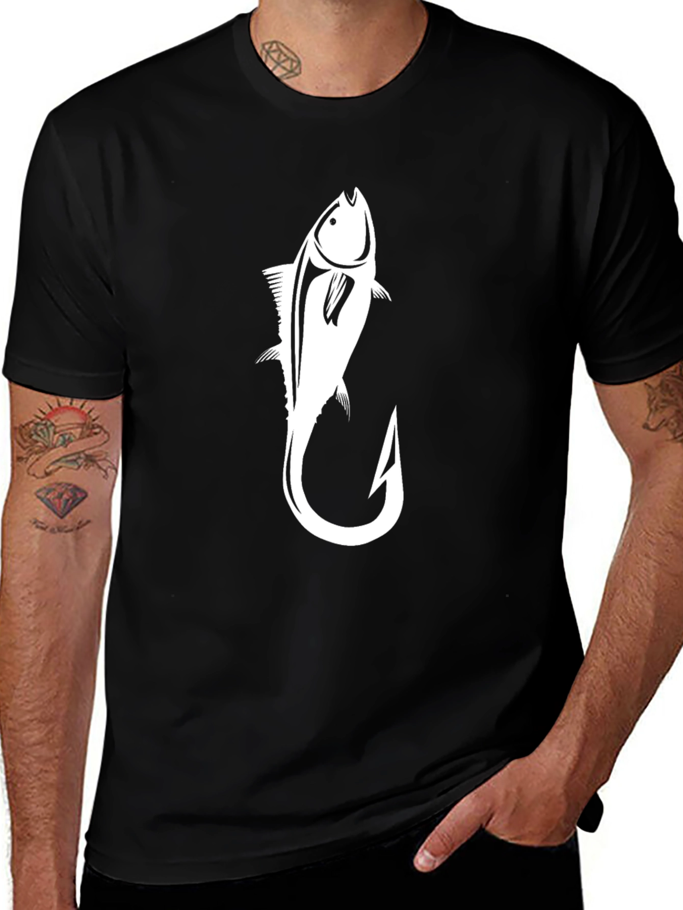 Variant 24 of Fishing Hook Fish Graphic Tee - Mens Black T-Shirt