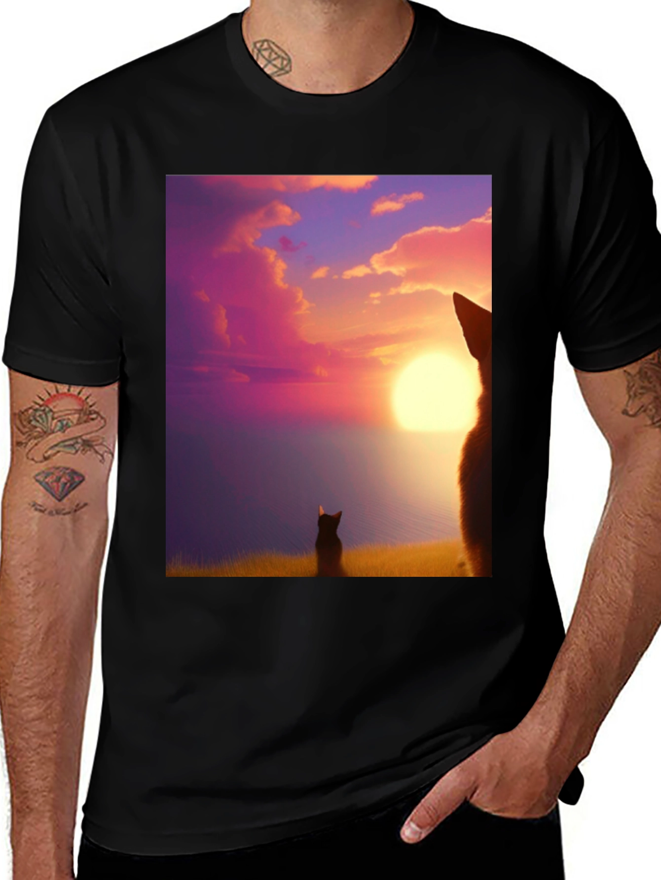 Variant 26 of Sunset Cat Graphic Tee - Unique Design, Soft Fabric