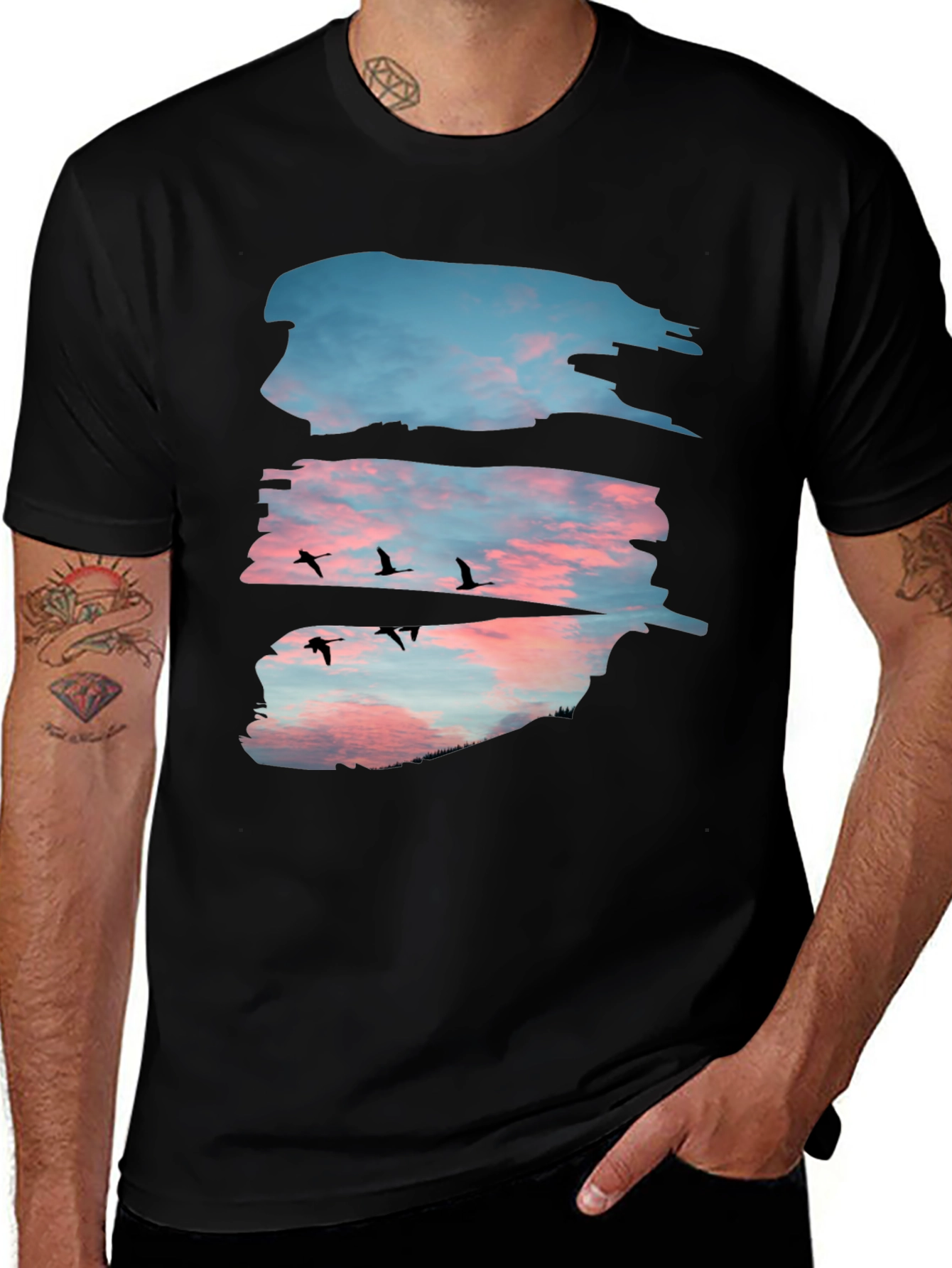 Variant 22 of Sunset Birds Graphic Tee - Black Cotton T-Shirt
