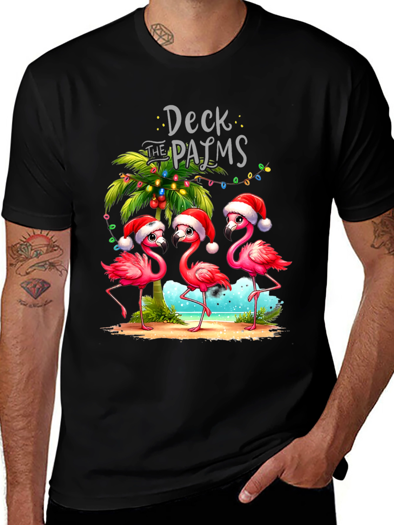 Deck The Palms Flamingo Christmas T-Shirt