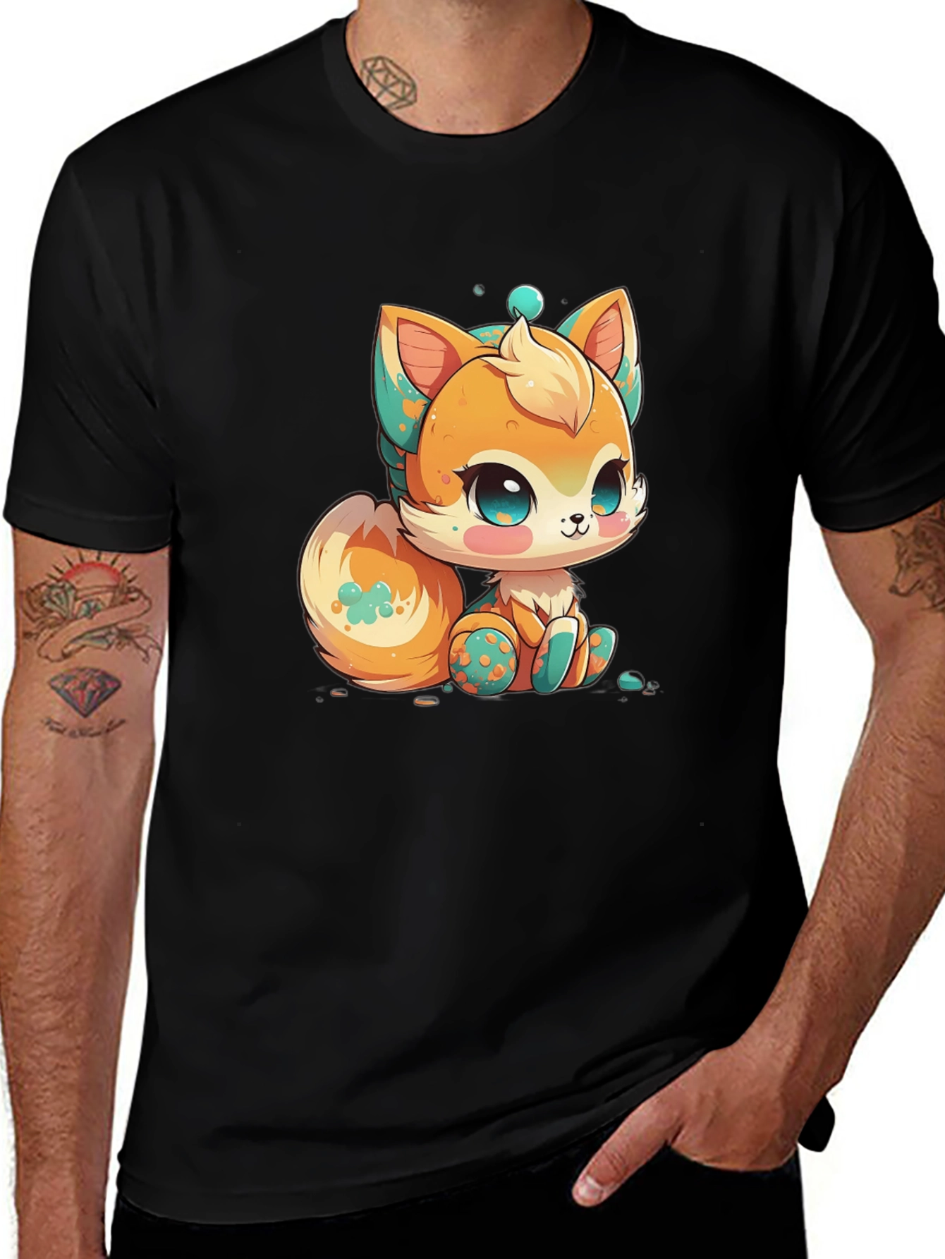 Variant 13 of Cute Cartoon Fox Graphic Tee - Black